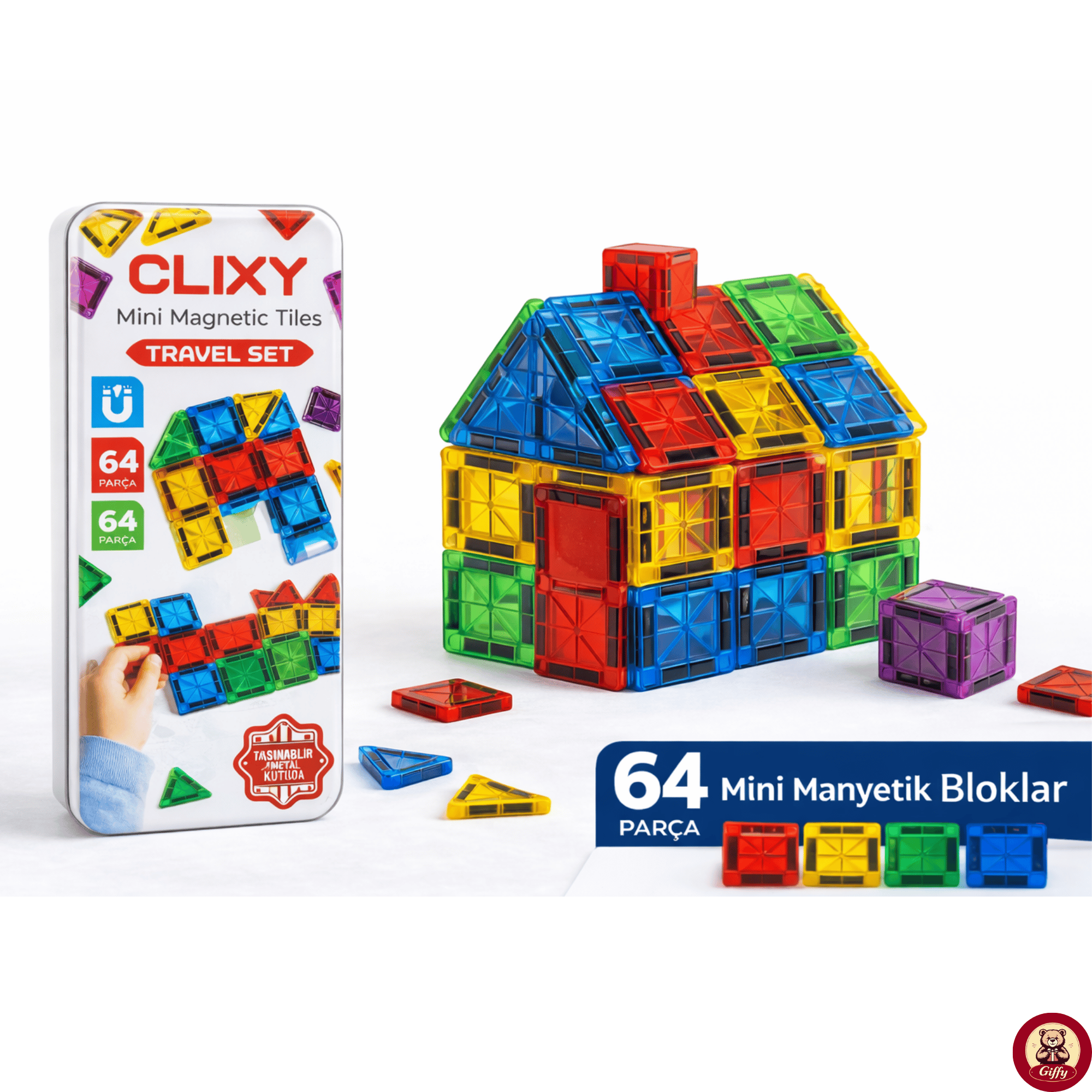 Manyetik Yapı Blokları - 64 Parça Seyahat Tipi Mini Bloklar Metal Saklama Kutulu Çanta Boy Renkli
