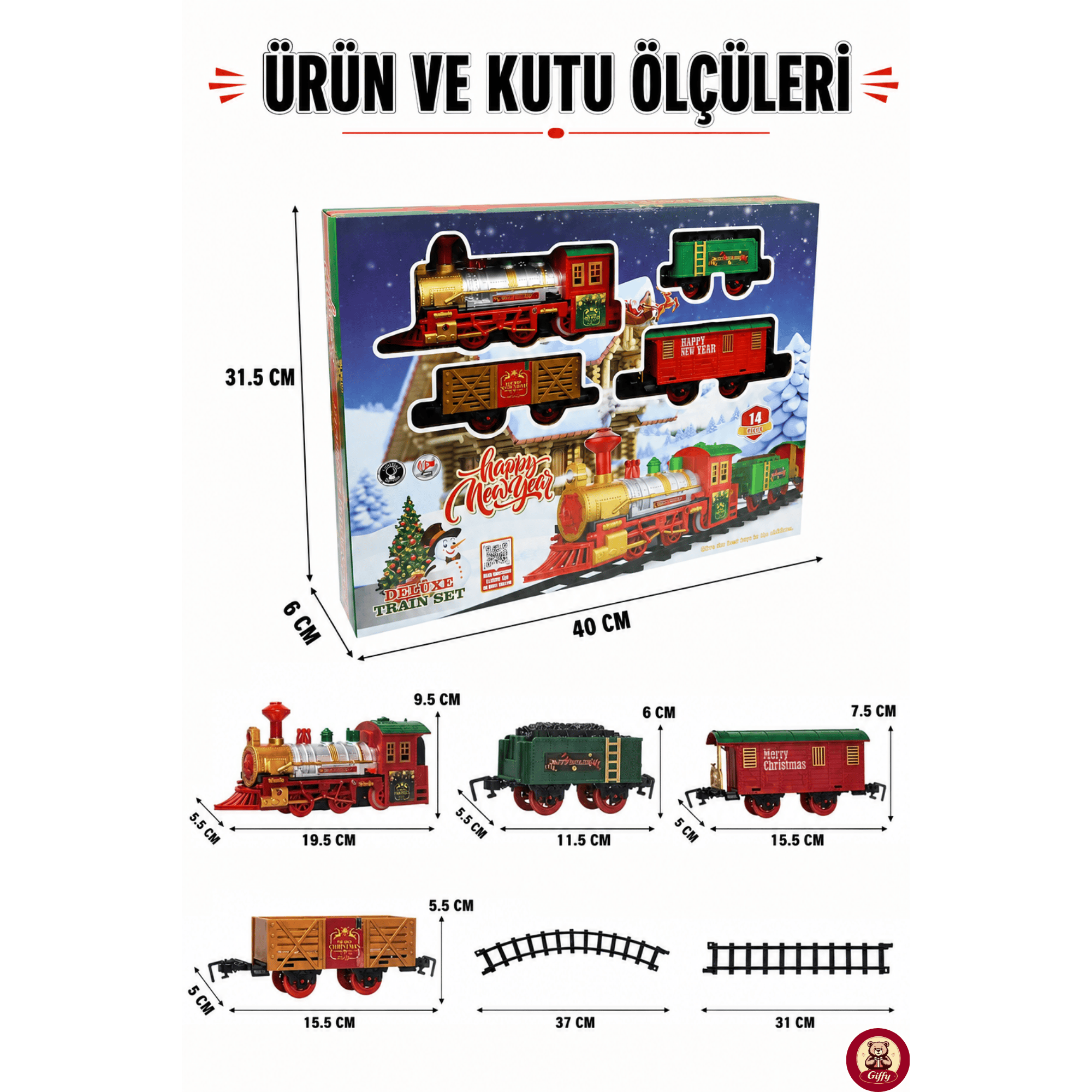 Oyuncak 14 Parça Işıklı Sesli Yılbaşı Tren Seti Pilli Oyuncak Tren 3 Farklı Ray Dizilimli Dekoratif Tren Çuf Çuf