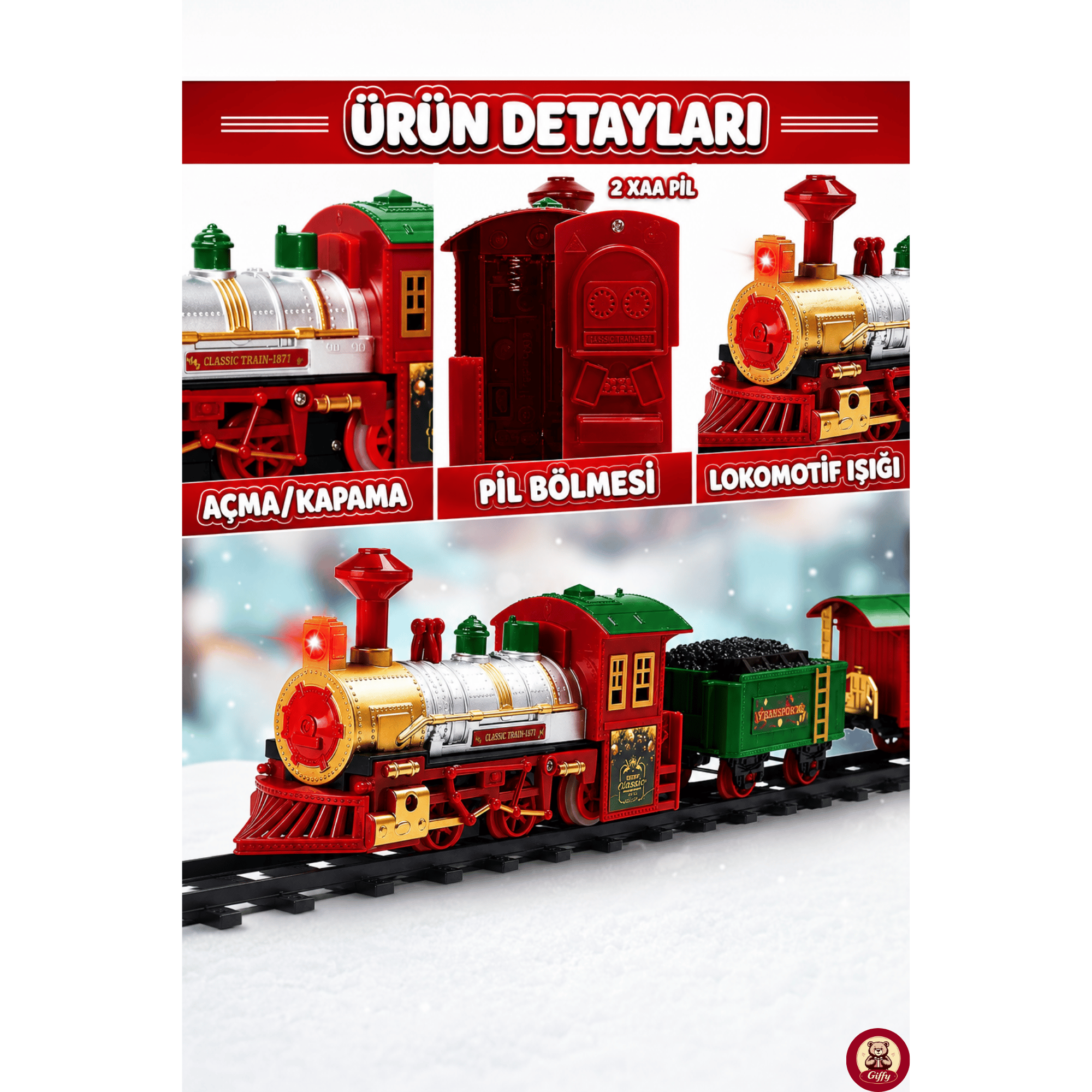 Oyuncak 14 Parça Işıklı Sesli Yılbaşı Tren Seti Pilli Oyuncak Tren 3 Farklı Ray Dizilimli Dekoratif Tren Çuf Çuf