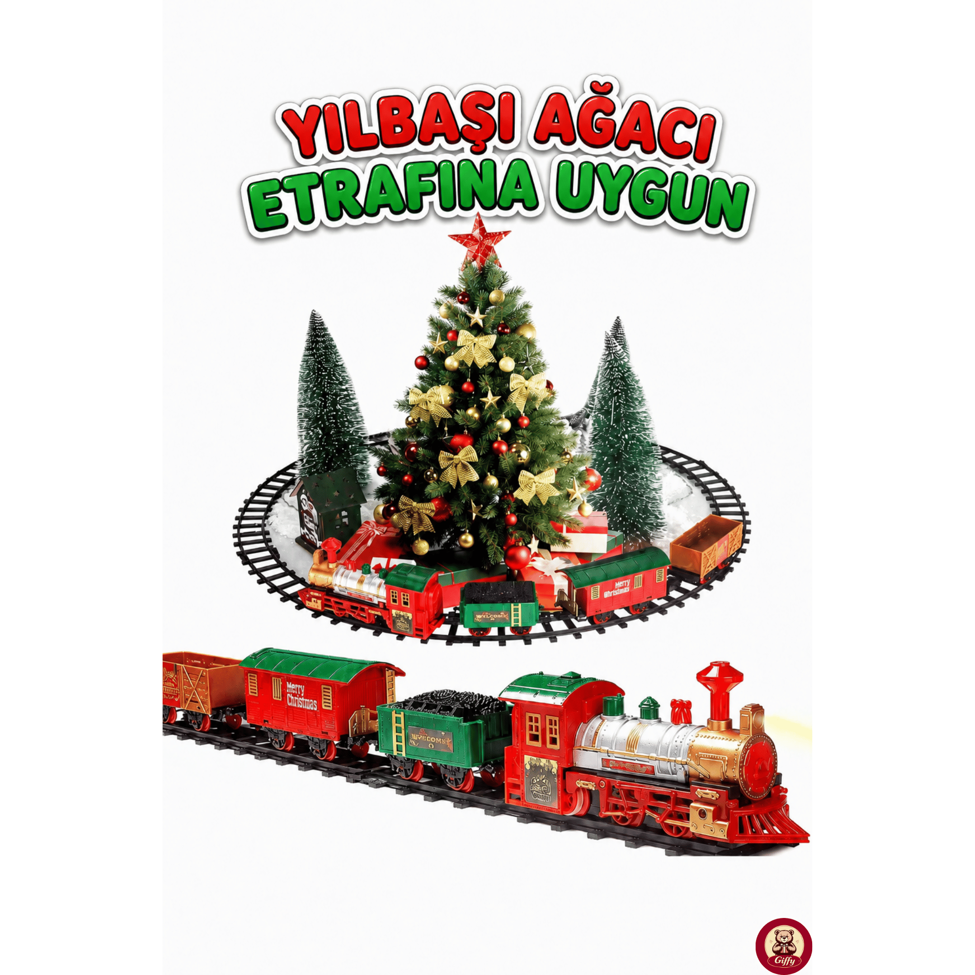 Oyuncak 14 Parça Işıklı Sesli Yılbaşı Tren Seti Pilli Oyuncak Tren 3 Farklı Ray Dizilimli Dekoratif Tren Çuf Çuf
