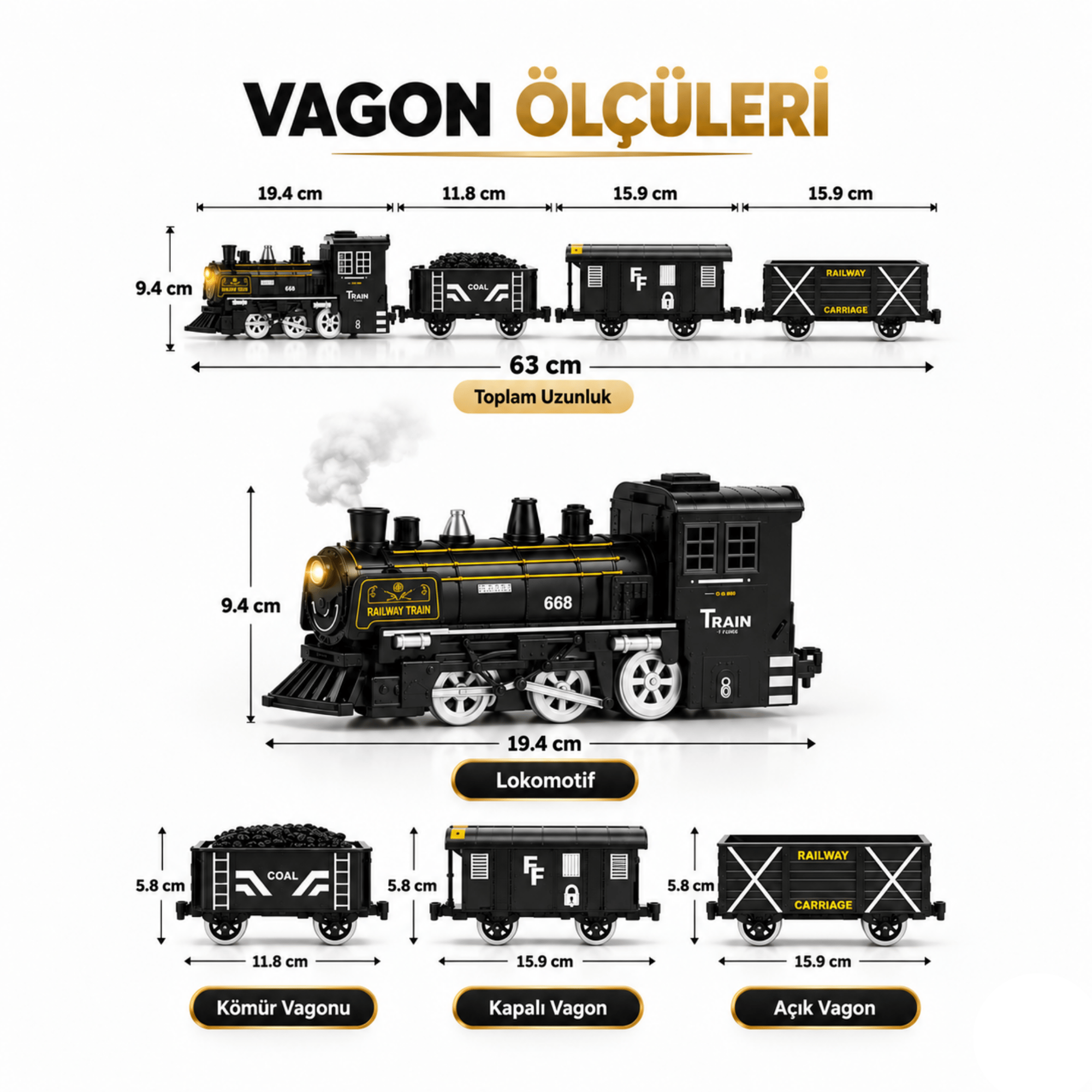 Oyuncak 15 Parça Su Buharlı Oyuncak Tren Seti Işıklı Sesli Pilli 3 Farklı Ray Dizilimli Lokomotif ve Vagon Seti