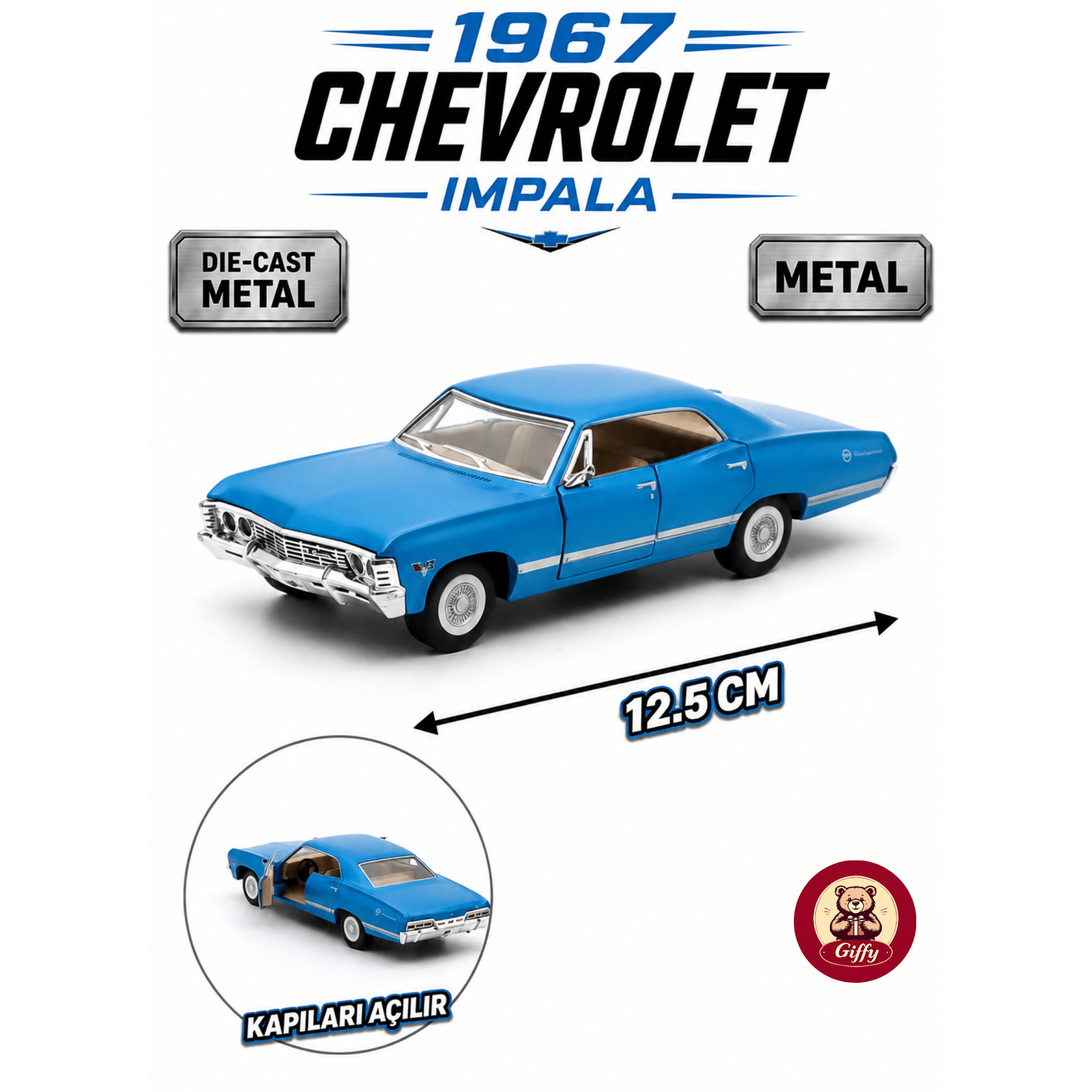 Oyuncak 1967 Chevrolet Impala 1:43 Die Cast Metal Model Araba 12,5 cm Açılır Kapılı Koleksiyonluk Klasik Araba Koleksiyonluk Hediyelik Oyuncak (Mavi)
