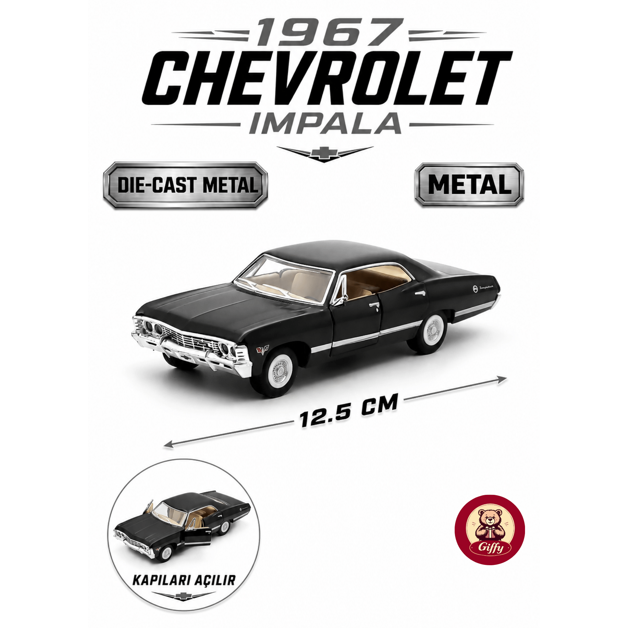 Oyuncak 1967 Chevrolet Impala 1:43 Die Cast Metal Model Araba 12,5 cm Açılır Kapılı Koleksiyonluk Klasik Araba Koleksiyonluk Hediyelik Oyuncak (Siyah)