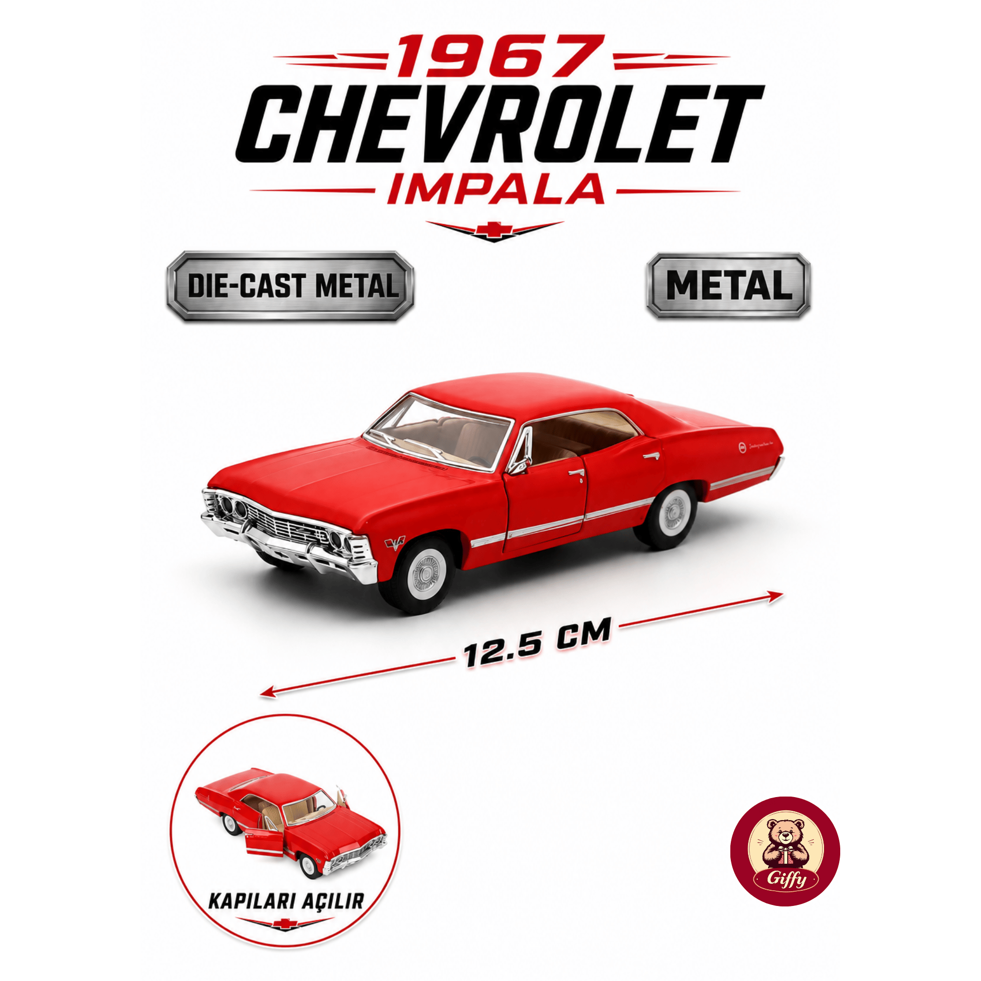 Oyuncak 1967 Chevrolet Impala 1:43 Die Cast Metal Model Araba 12,5 cm Açılır Kapılı Koleksiyonluk Klasik Araba Koleksiyonluk Hediyelik Oyuncak (Kırmızı)