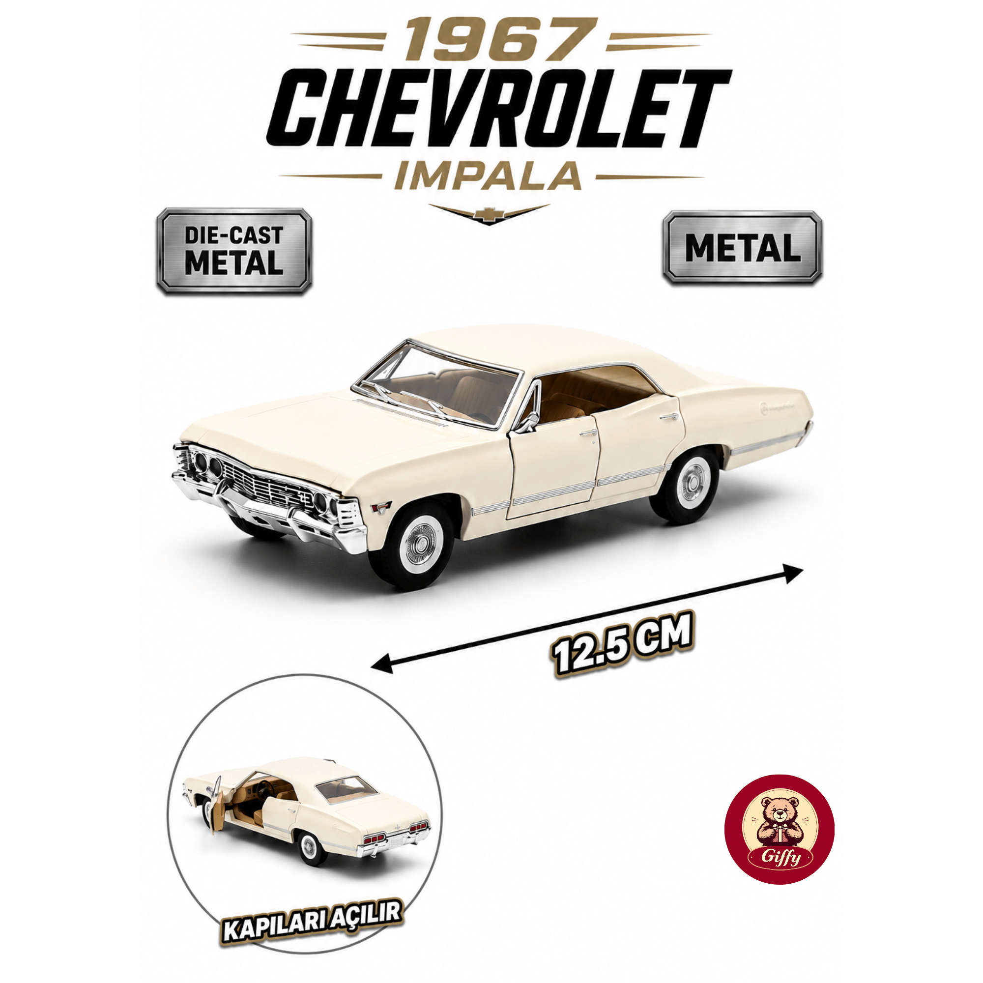 Oyuncak 1967 Chevrolet Impala 1:43 Die Cast Metal Model Araba 12,5 cm Açılır Kapılı Koleksiyonluk Klasik Araba Koleksiyonluk Hediyelik Oyuncak (Beyaz)