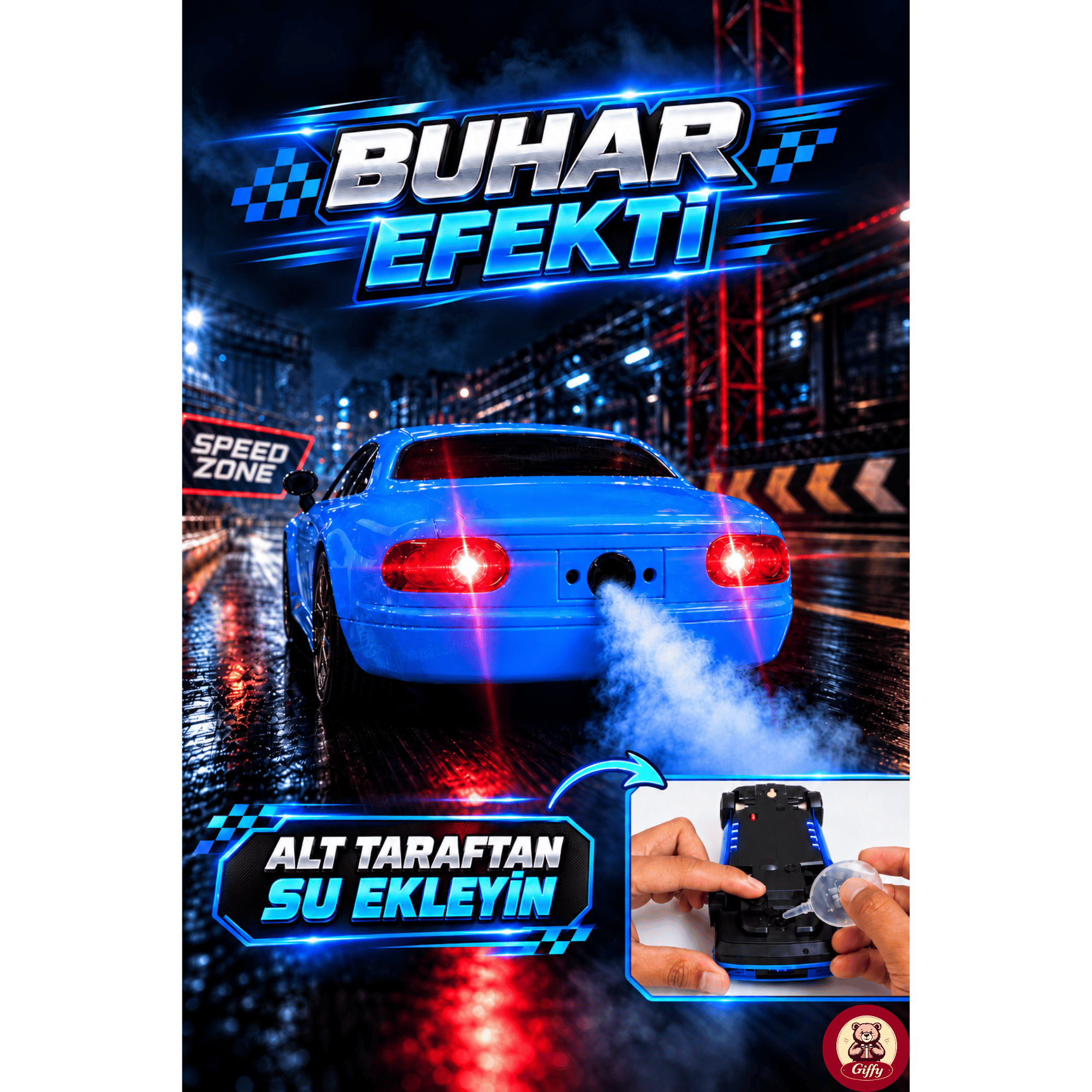 Oyuncak 2.4 GhZ Uzaktan Kumandalı 4x4 Drift RC Araba Açılır Kapanır Pop-Up Farlı Buhar Efektli Şarjlı LED Işıklı Hız Ayarlı Gaz Hassasiyetli Yarış Arabası (Mavi)