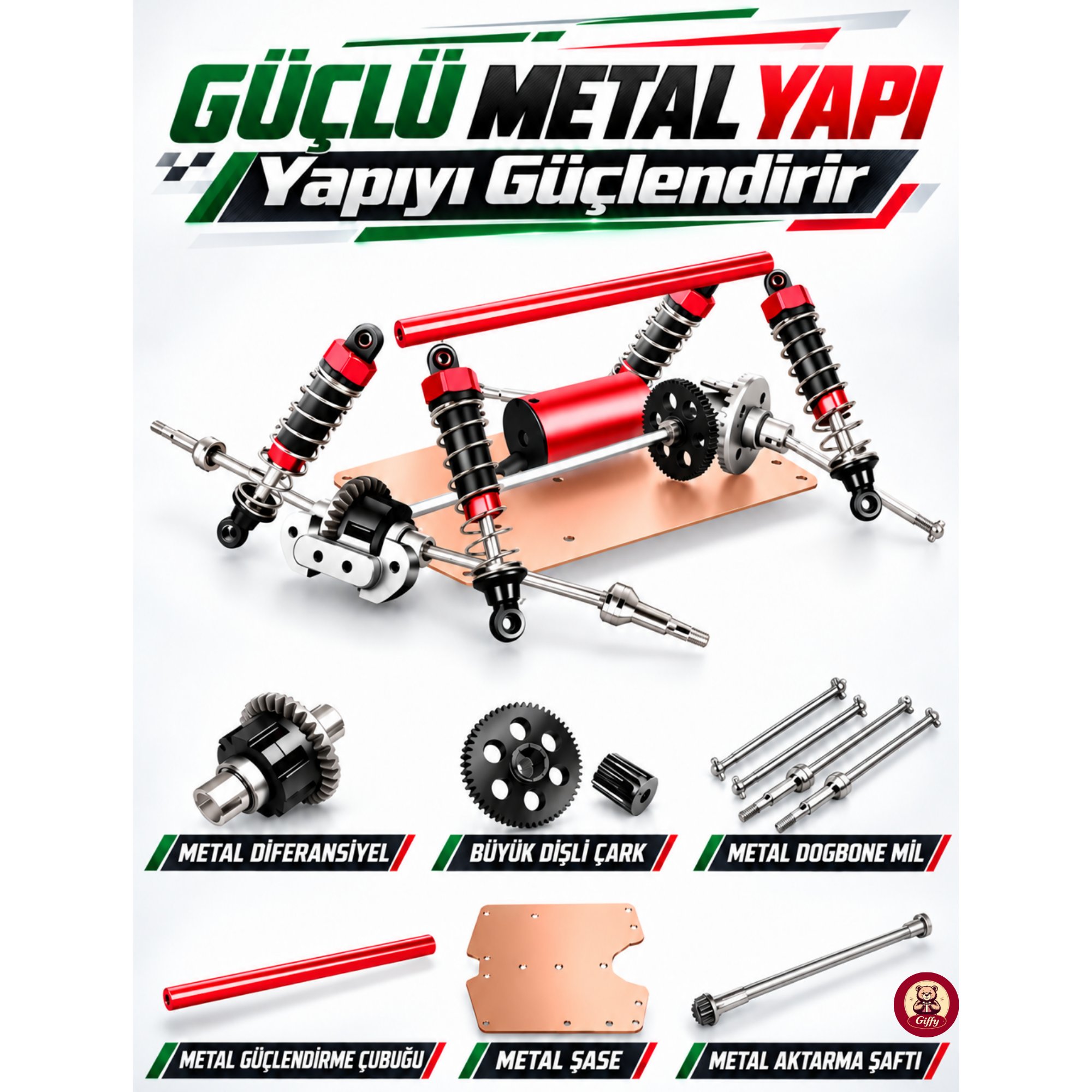 Oyuncak 2.4 GhZ Uzaktan Kumandalı RC Arazi Arabası 40 Km/sa Hız 4x4 Çekiş Metal Şase RC390 Motor Şarjlı Led Işıklı Gaz ve Direksiyon Hassasiyetli (Yeşil)