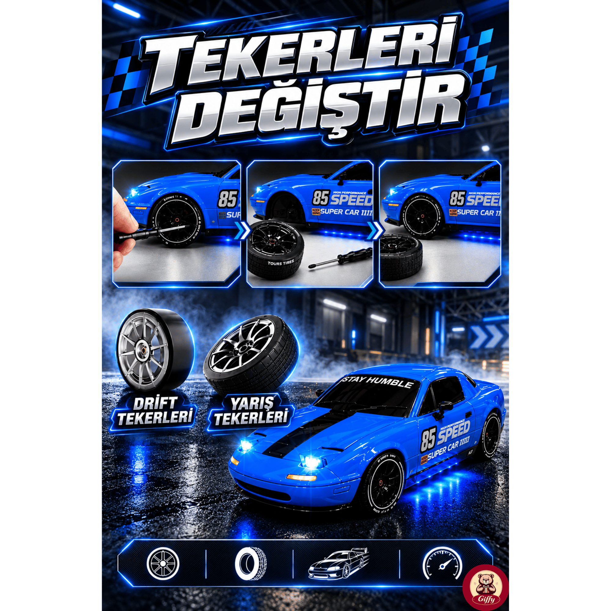 Oyuncak 2.4 GhZ Uzaktan Kumandalı 4x4 Drift RC Araba Açılır Kapanır Pop-Up Farlı Buhar Efektli Şarjlı LED Işıklı Hız Ayarlı Gaz Hassasiyetli Yarış Arabası (Mavi)