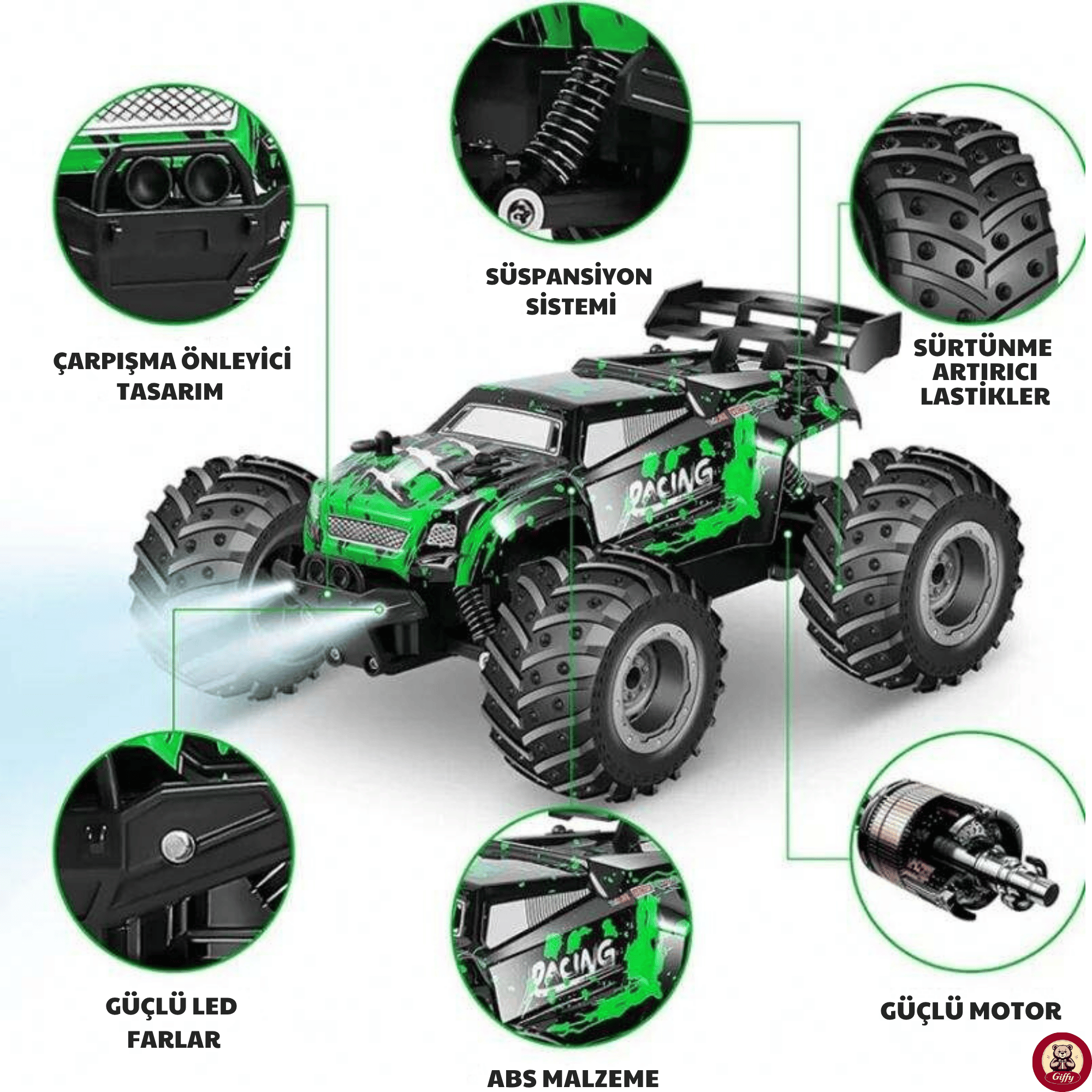 Oyuncak 2.4 GHz Uzaktan Kumandalı Şarjlı Led Işıklı Drift Atan 15 Km Hız Off Road 45 Dk Batarya (Yeşil)