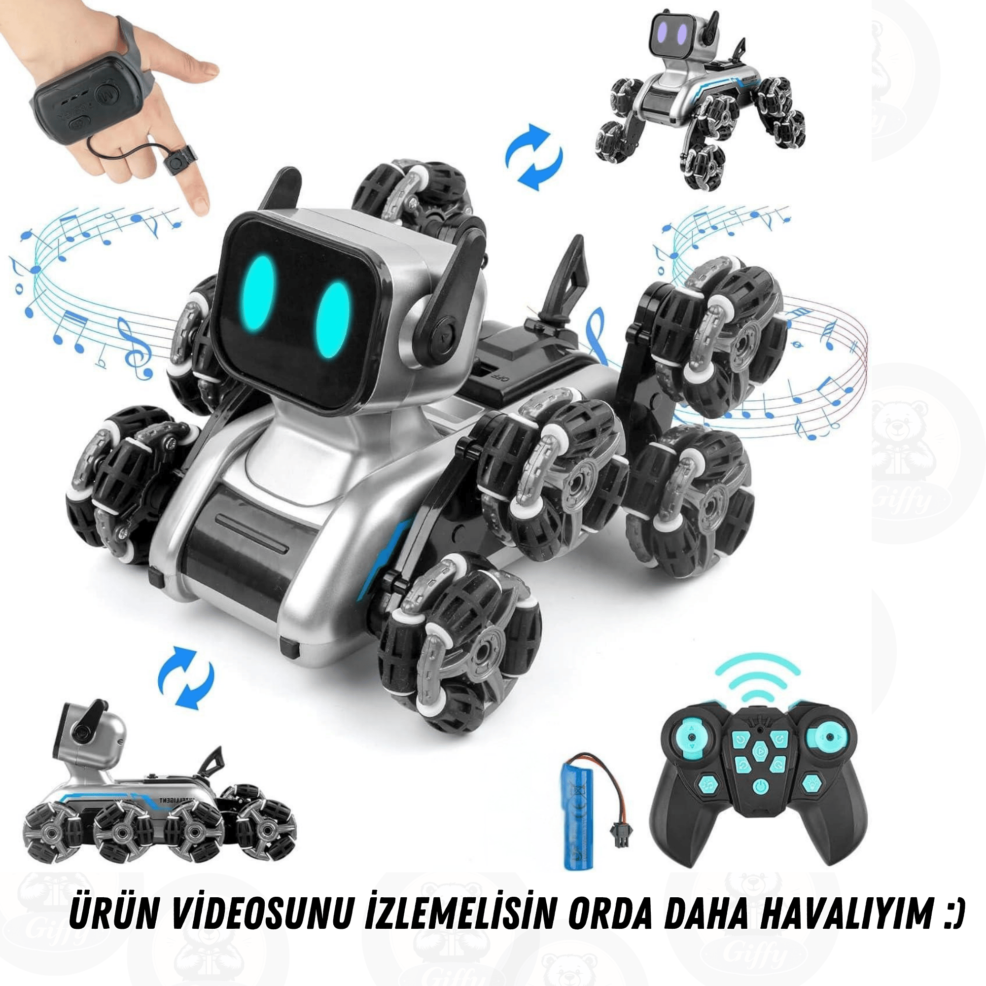 Oyuncak 2.4 GhZ Uzaktan ve Bilekten Kumandalı Şarjlı 8 Teker Akrobat Robot Köpek Müzikli ve Led Işık