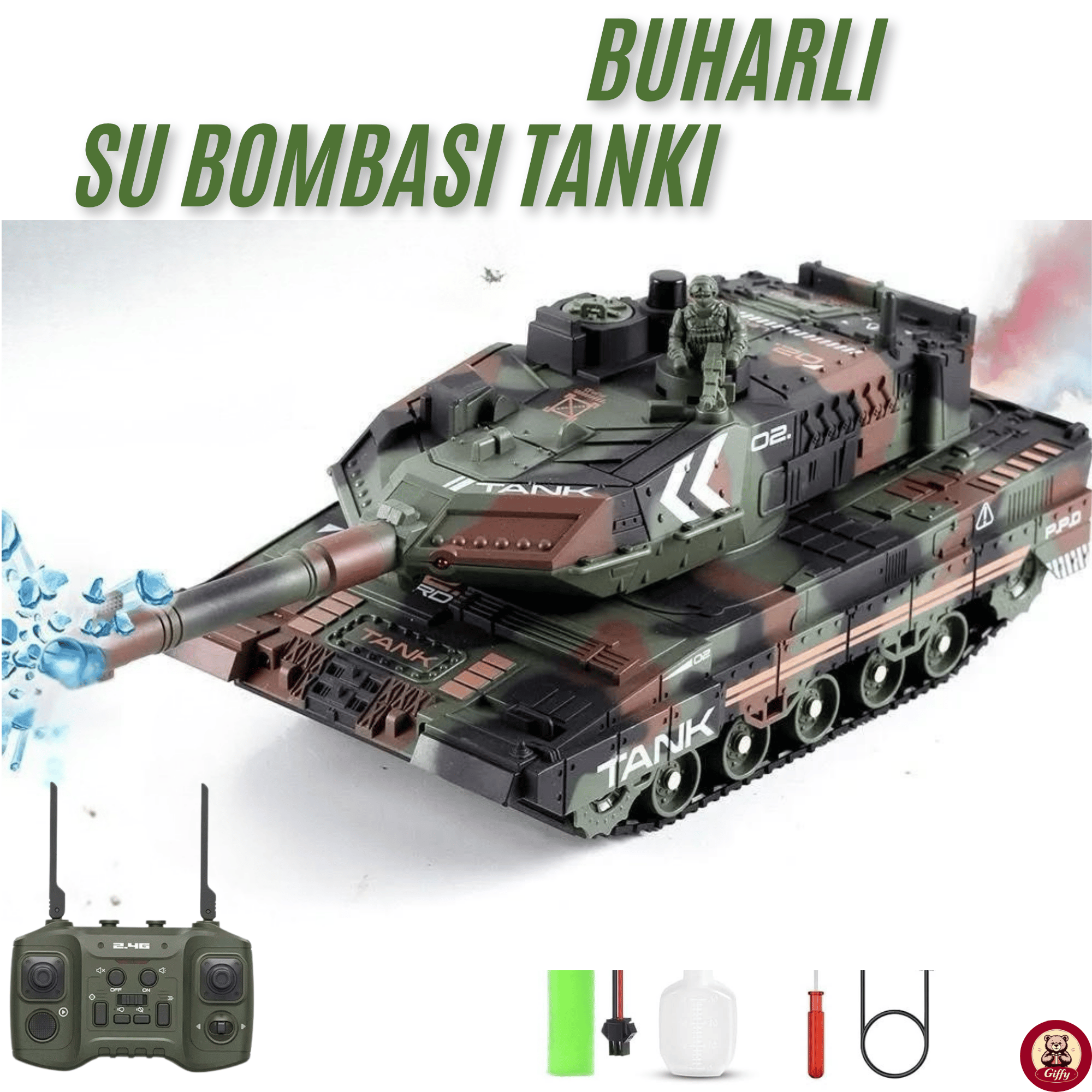 Oyuncak 2.4 Uzaktan Kumandalı Su Bombası Atan Tank Buharlı 1200 Şarjlı Sesli Gövdesi 360° Hareketli Gövde (Yeşil)