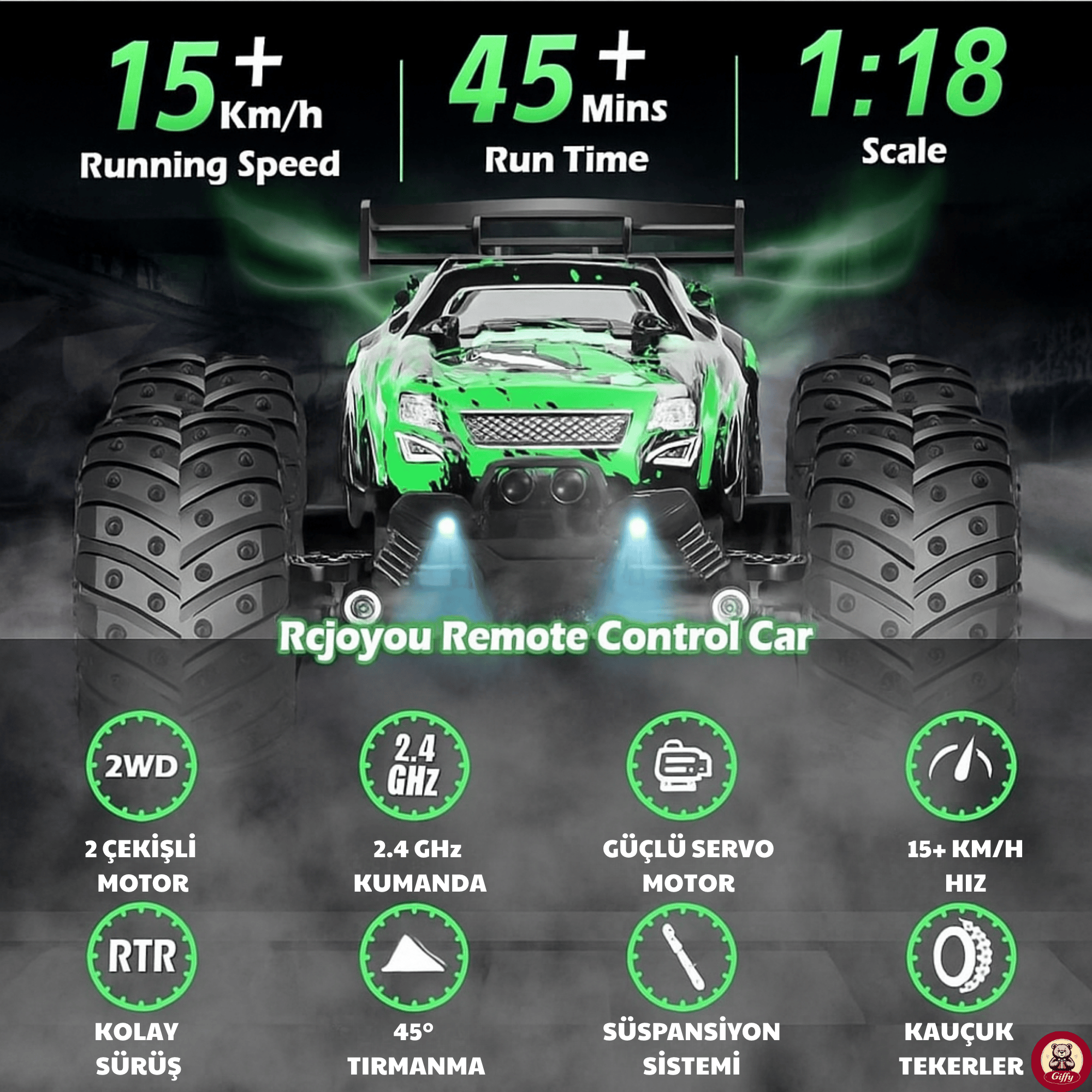 Oyuncak 2.4 GHz Uzaktan Kumandalı Şarjlı Led Işıklı Drift Atan 15 Km Hız Off Road 45 Dk Batarya (Mavi)