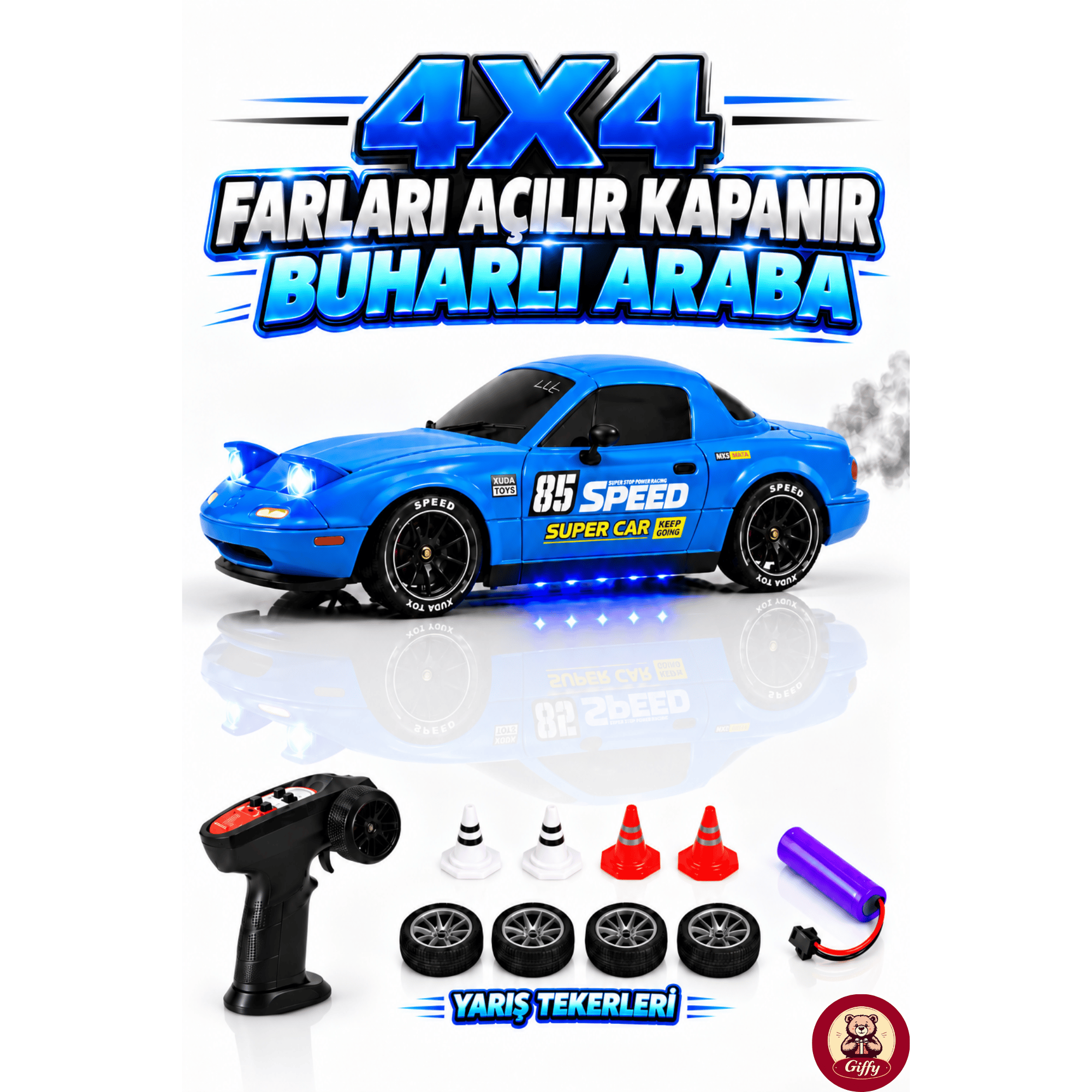 Oyuncak 2.4 GhZ Uzaktan Kumandalı 4x4 Drift RC Araba Açılır Kapanır Pop-Up Farlı Buhar Efektli Şarjlı LED Işıklı Hız Ayarlı Gaz Hassasiyetli Yarış Arabası (Mavi)