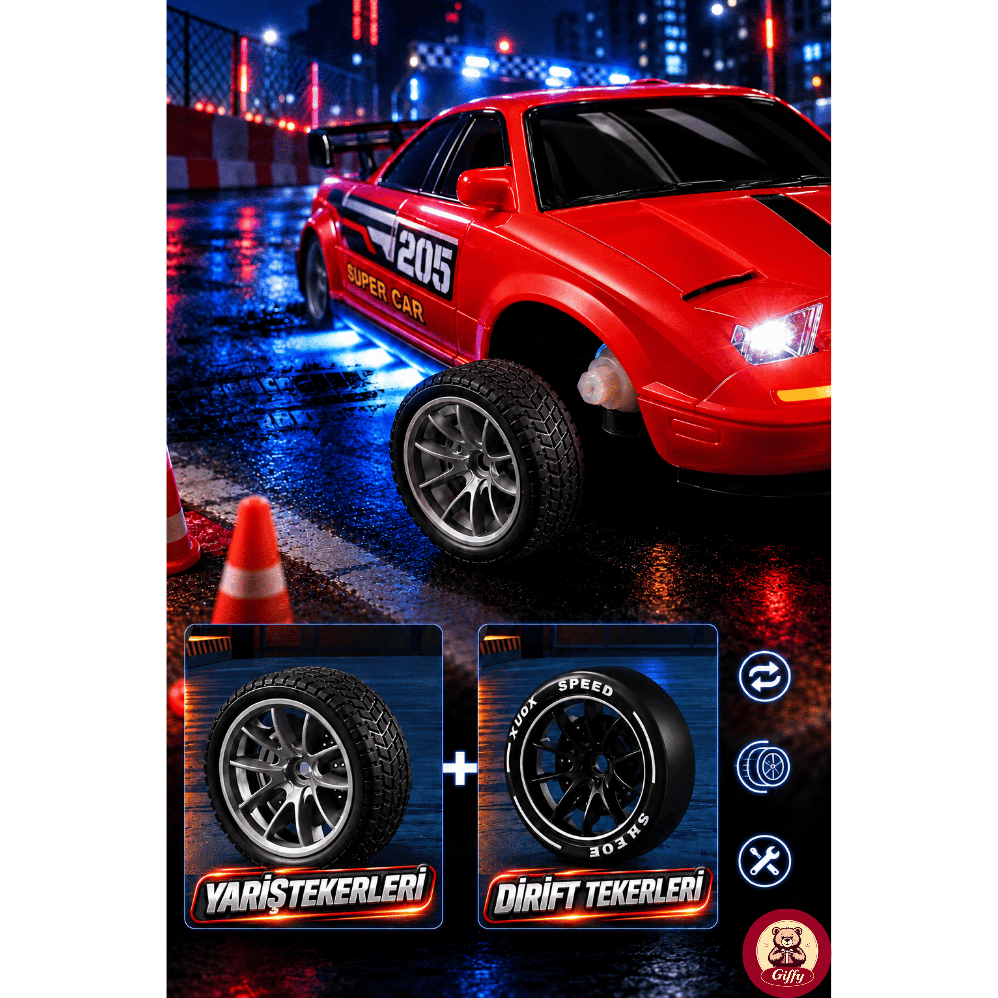 Oyuncak 2.4 GhZ Uzaktan Kumandalı 4x4 Drift RC Araba Açılır Kapanır Pop-Up Farlı Buhar Efektli Şarjlı LED Işıklı Hız Ayarlı Gaz Hassasiyetli Yarış Arabası (Kırmızı)