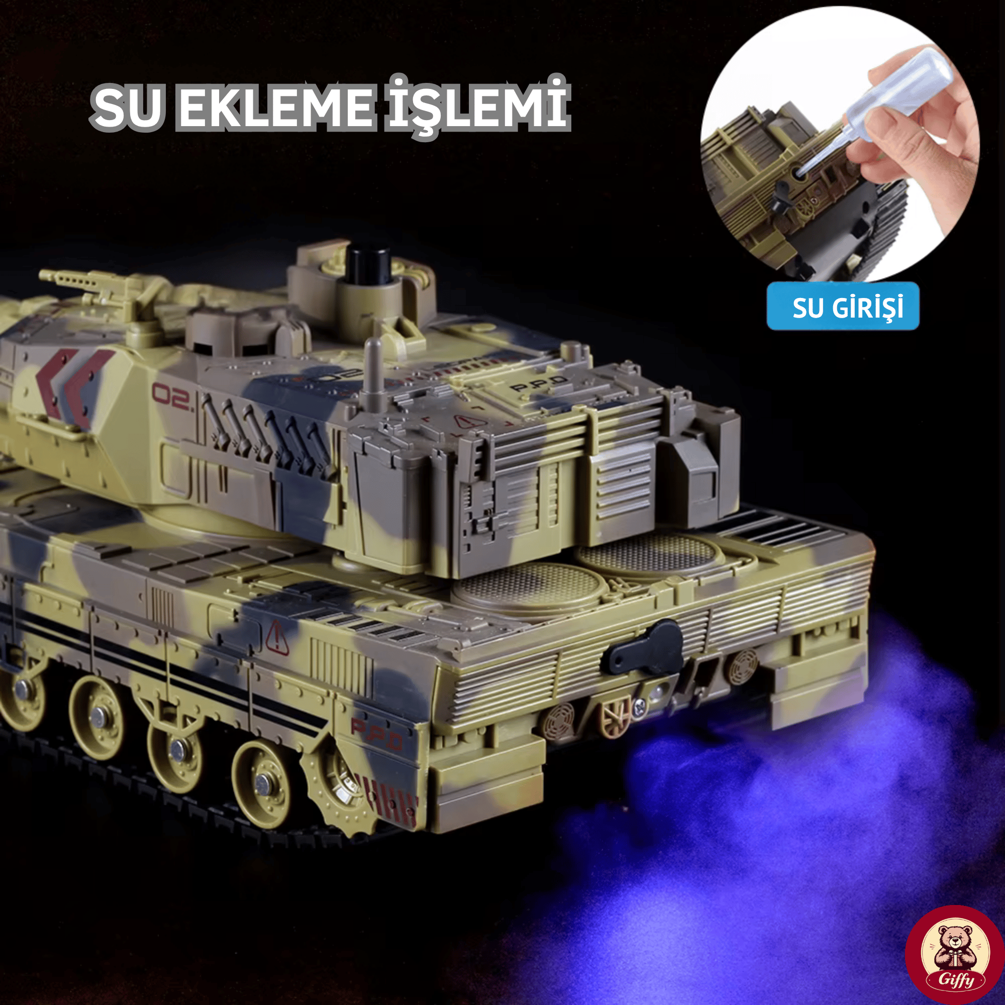 Oyuncak 2.4 Uzaktan Kumandalı Su Bombası Atan Tank Buharlı 1200 Şarjlı Sesli Gövdesi 360° Hareketli Gövde (Yeşil)