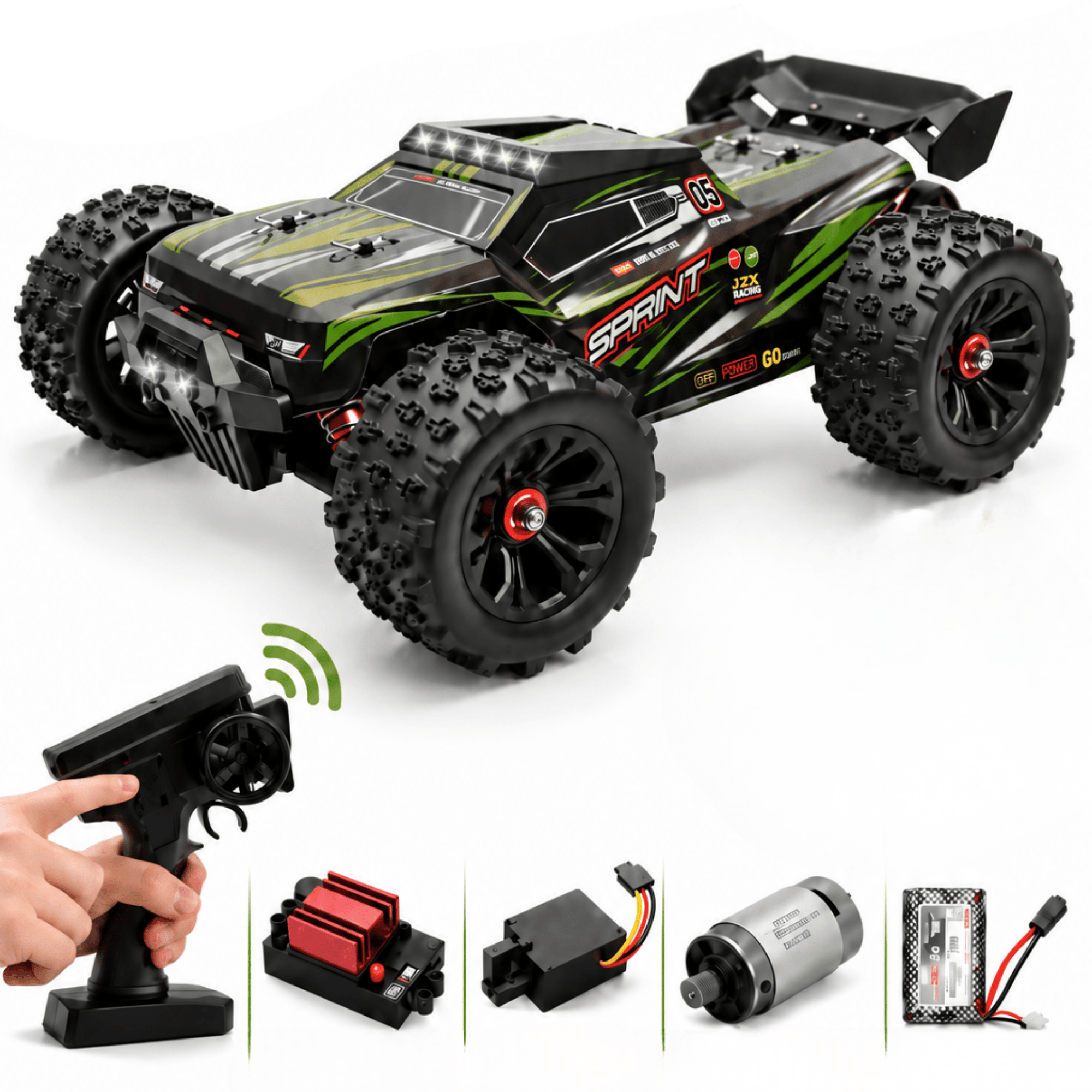 Oyuncak 2.4 GhZ Uzaktan Kumandalı RC Arazi Arabası 40 Km/sa Hız 4x4 Çekiş Metal Şase RC390 Motor Şarjlı Led Işıklı Gaz ve Direksiyon Hassasiyetli (Yeşil)