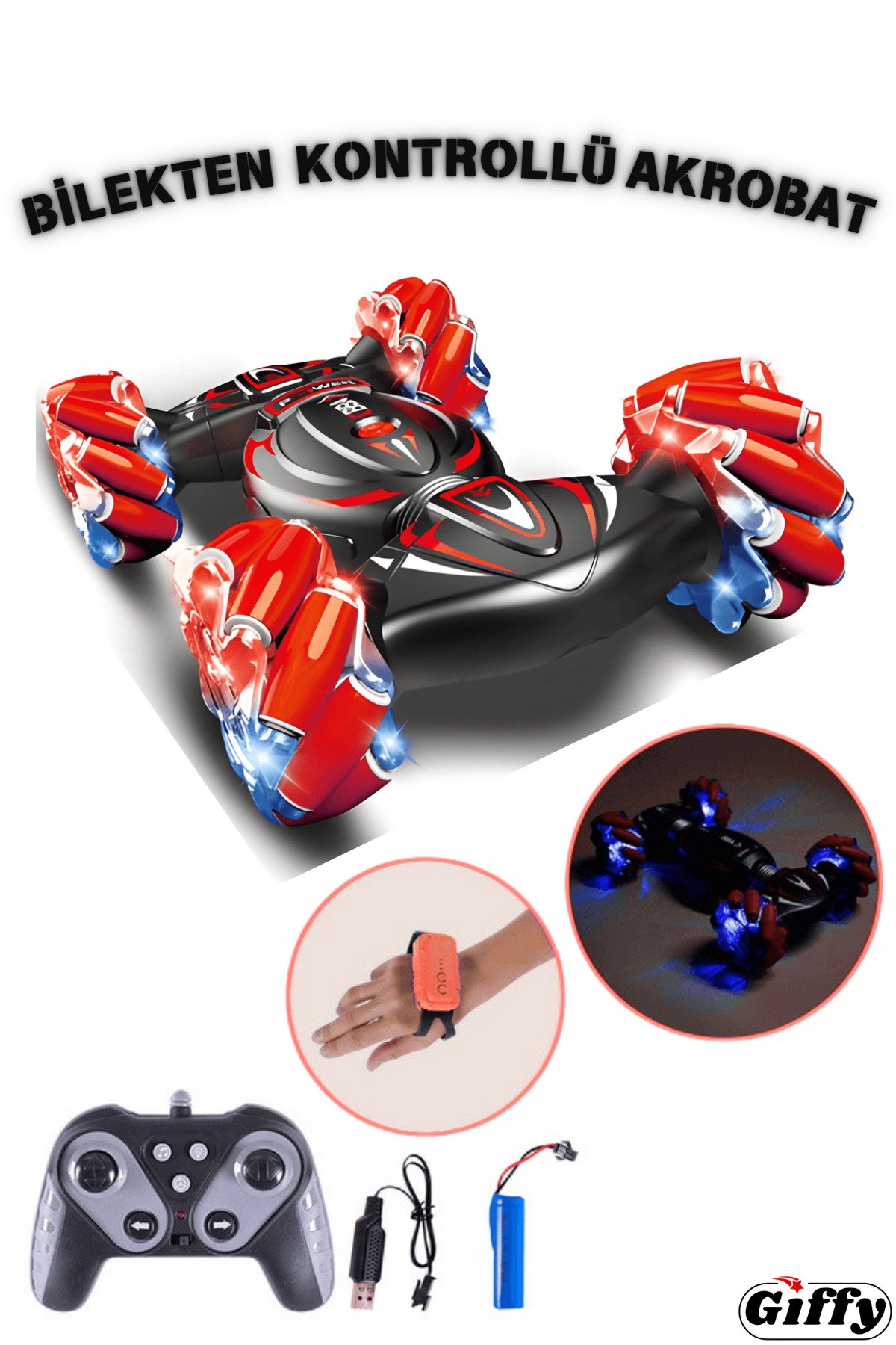 Oyuncak 2.4 GHz Uzaktan Kumandalı Akrobat Araba 4 Çeker Full Fonksiyon LED Işıklı Müzikli Şarjlı