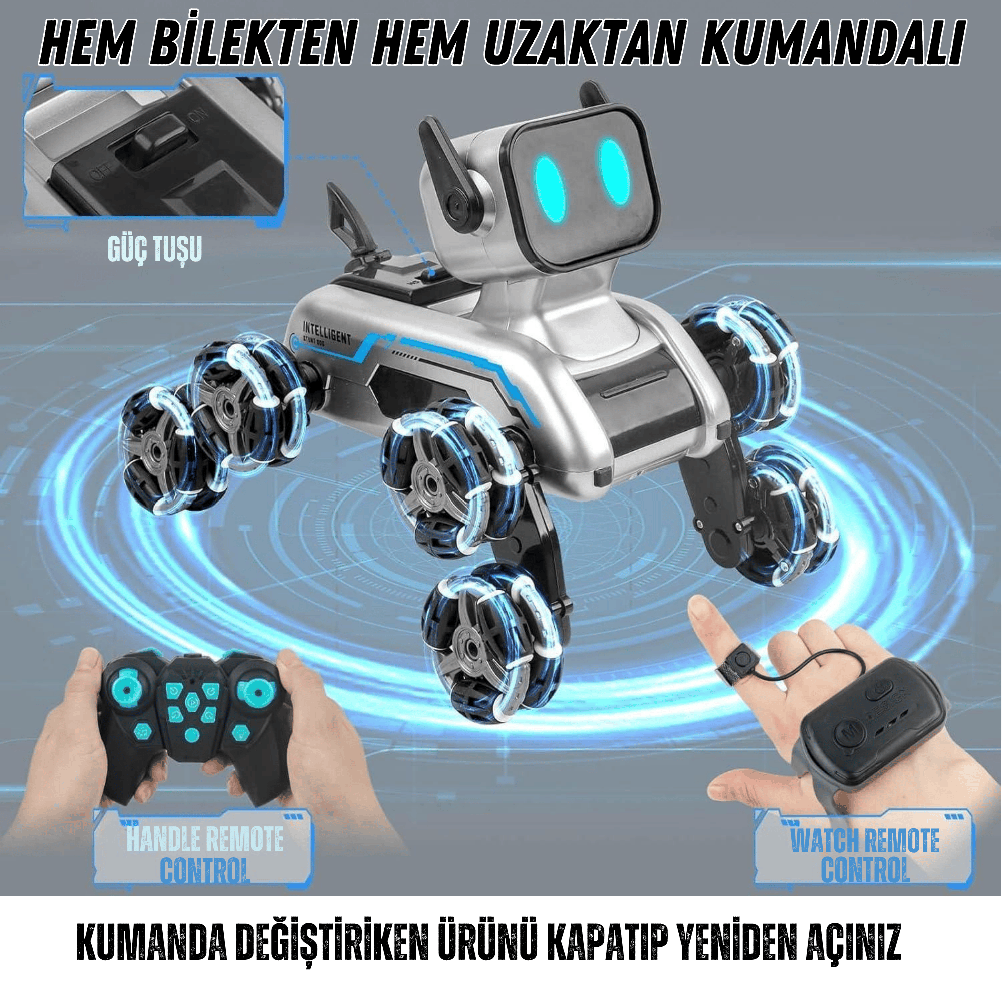Oyuncak 2.4 GhZ Uzaktan ve Bilekten Kumandalı Şarjlı 8 Teker Akrobat Robot Köpek Müzikli ve Led Işık