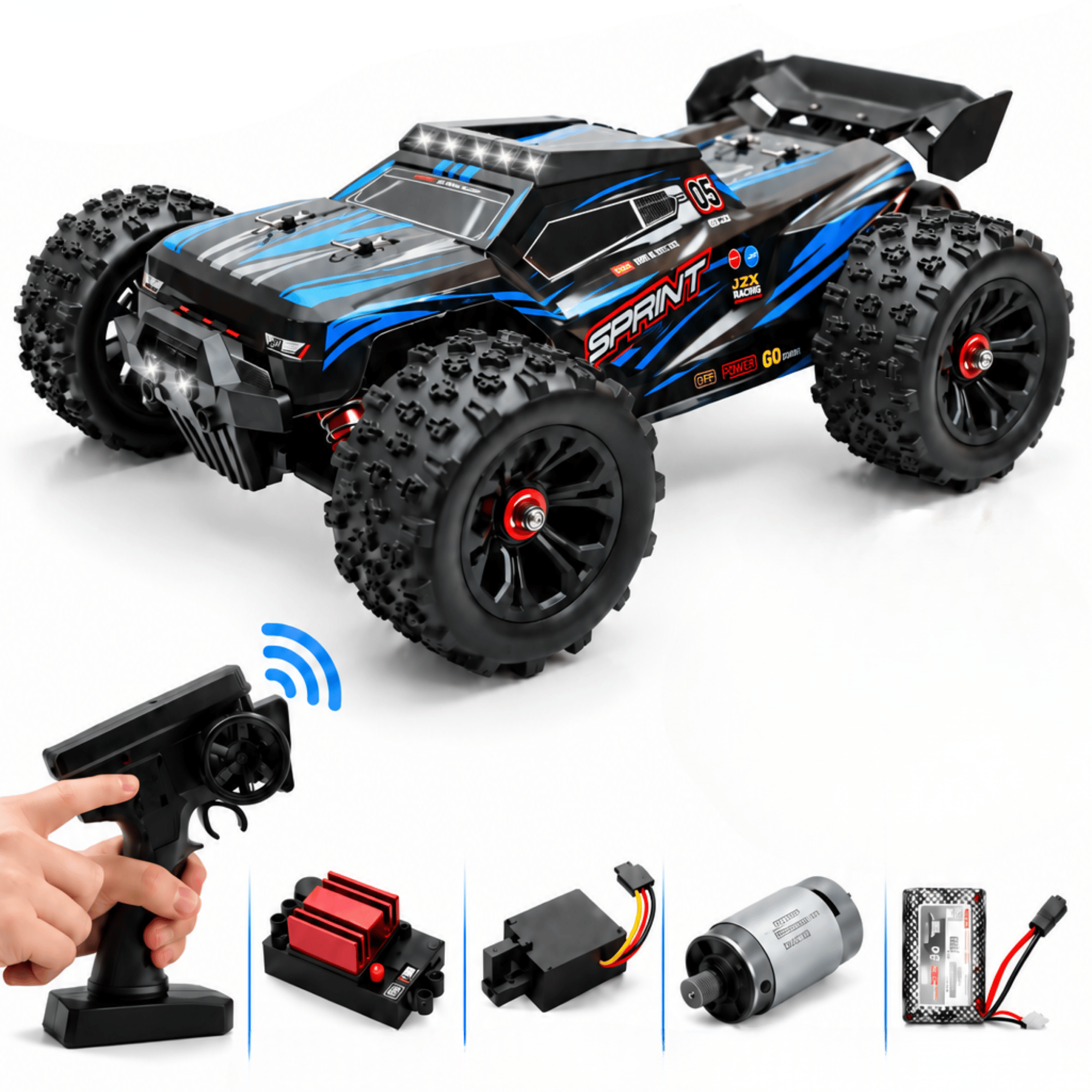 Oyuncak 2.4 GhZ Uzaktan Kumandalı RC Arazi Arabası 40 Km/sa Hız 4x4 Çekiş Metal Şase RC390 Motor Şarjlı Led Işıklı Gaz ve Direksiyon Hassasiyetli (Mavi)