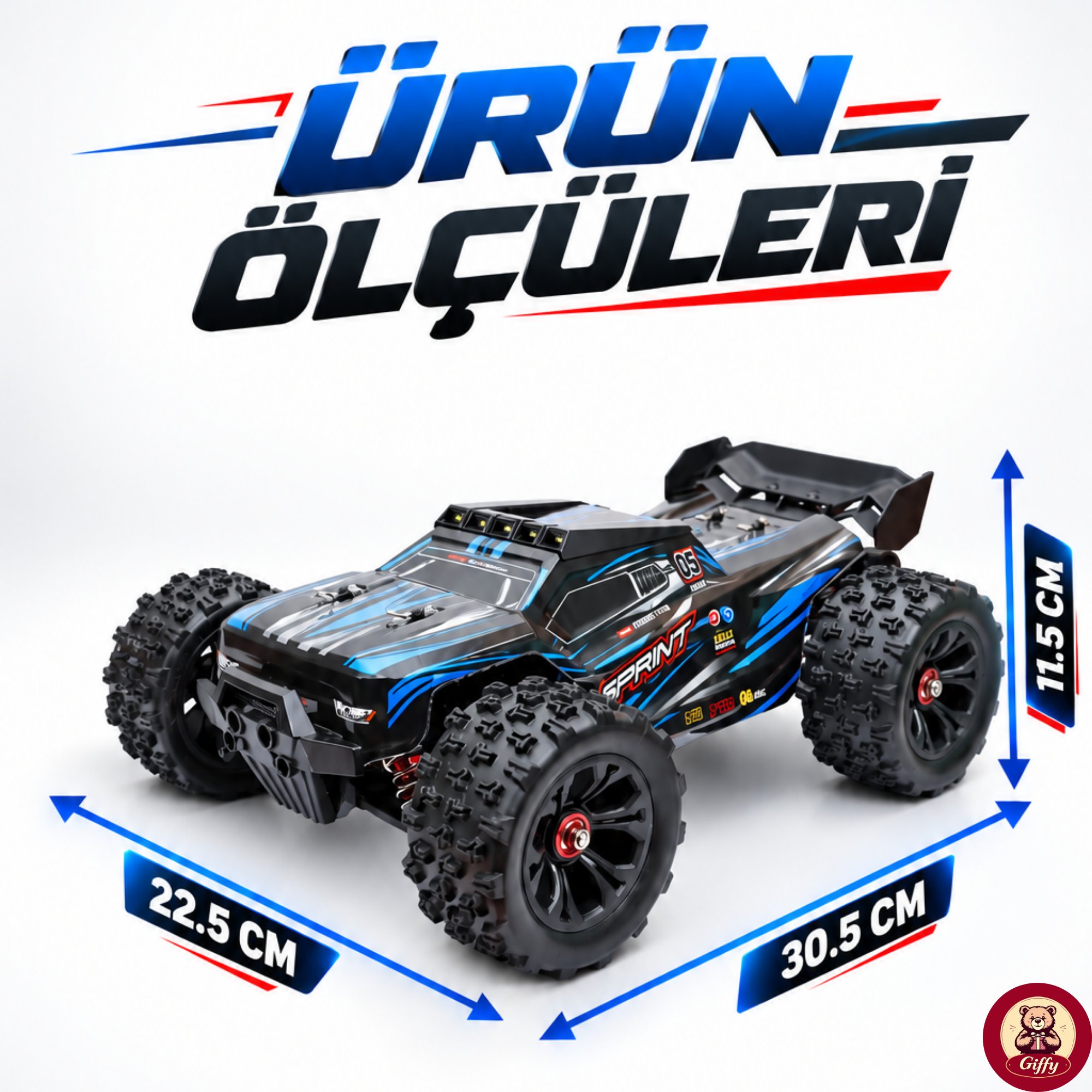Oyuncak 2.4 GhZ Uzaktan Kumandalı RC Arazi Arabası 40 Km/sa Hız 4x4 Çekiş Metal Şase RC390 Motor Şarjlı Led Işıklı Gaz ve Direksiyon Hassasiyetli (Mavi)