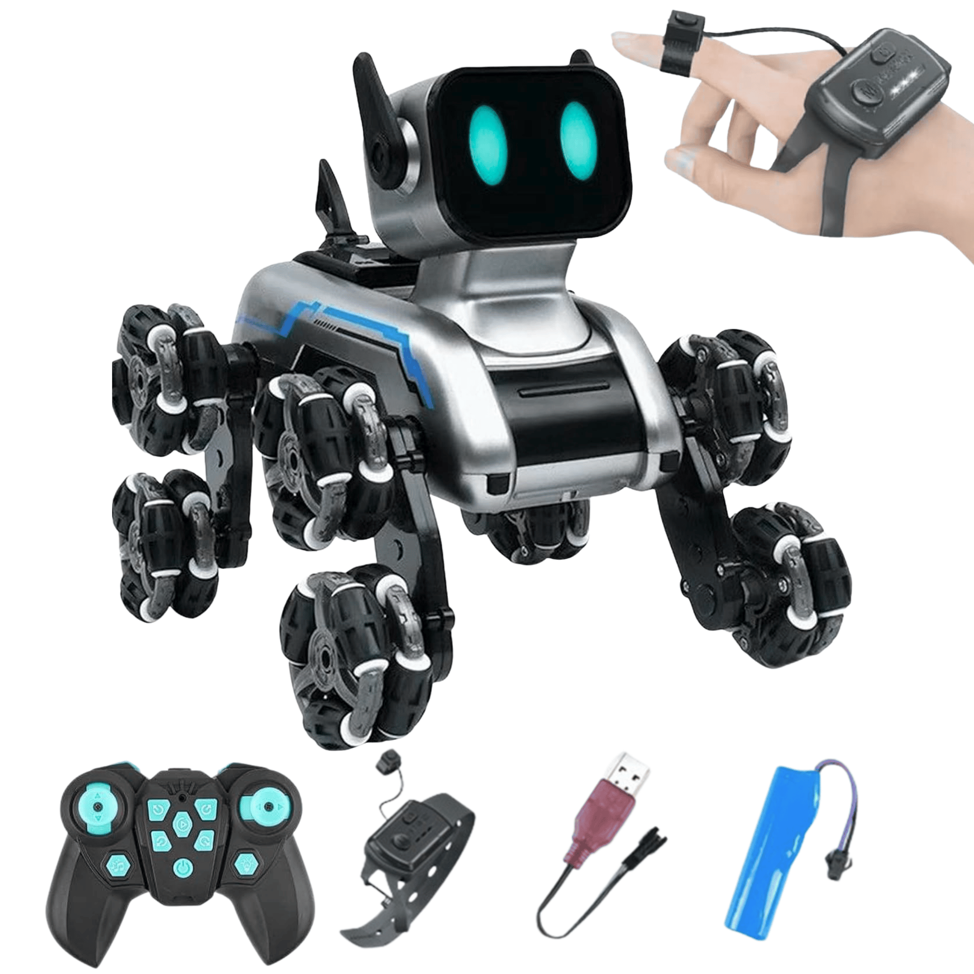 Oyuncak 2.4 GhZ Uzaktan ve Bilekten Kumandalı Şarjlı 8 Teker Akrobat Robot Köpek Müzikli ve Led Işık