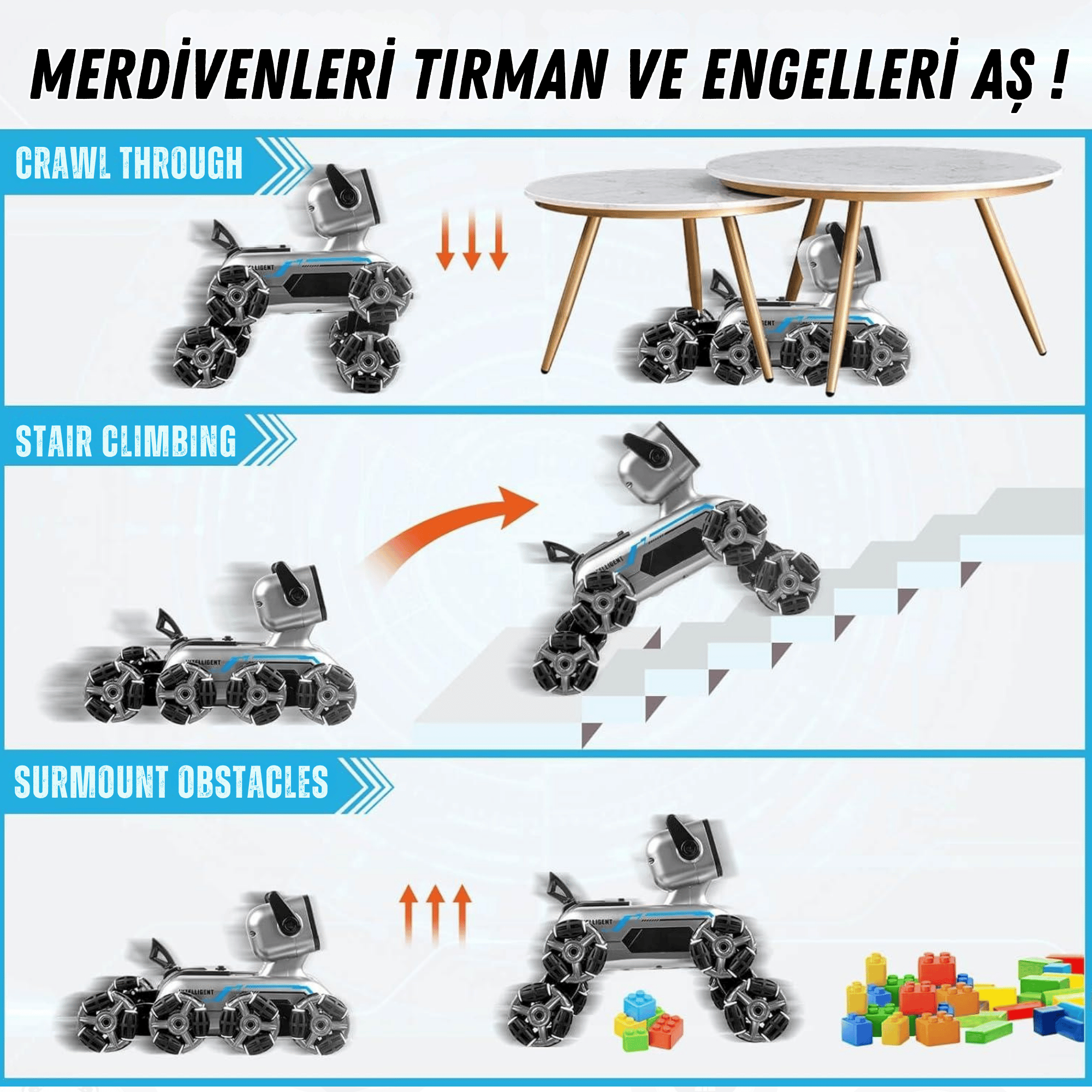 Oyuncak 2.4 GhZ Uzaktan ve Bilekten Kumandalı Şarjlı 8 Teker Akrobat Robot Köpek Müzikli ve Led Işık