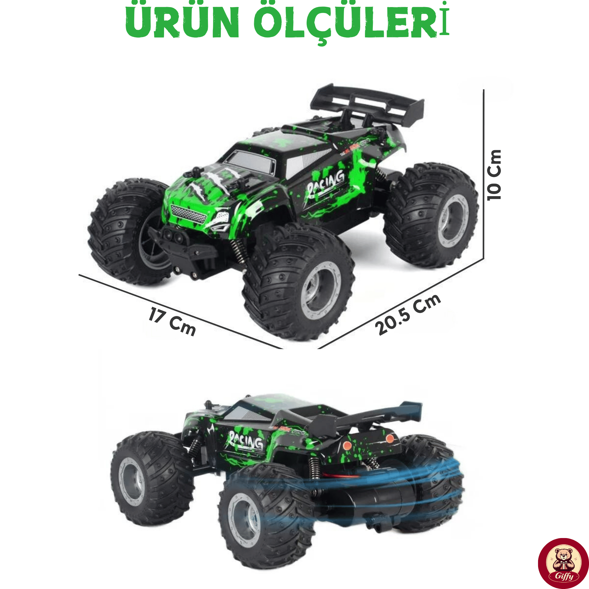 Oyuncak 2.4 GHz Uzaktan Kumandalı Şarjlı Led Işıklı Drift Atan 15 Km Hız Off Road 45 Dk Batarya (Yeşil)