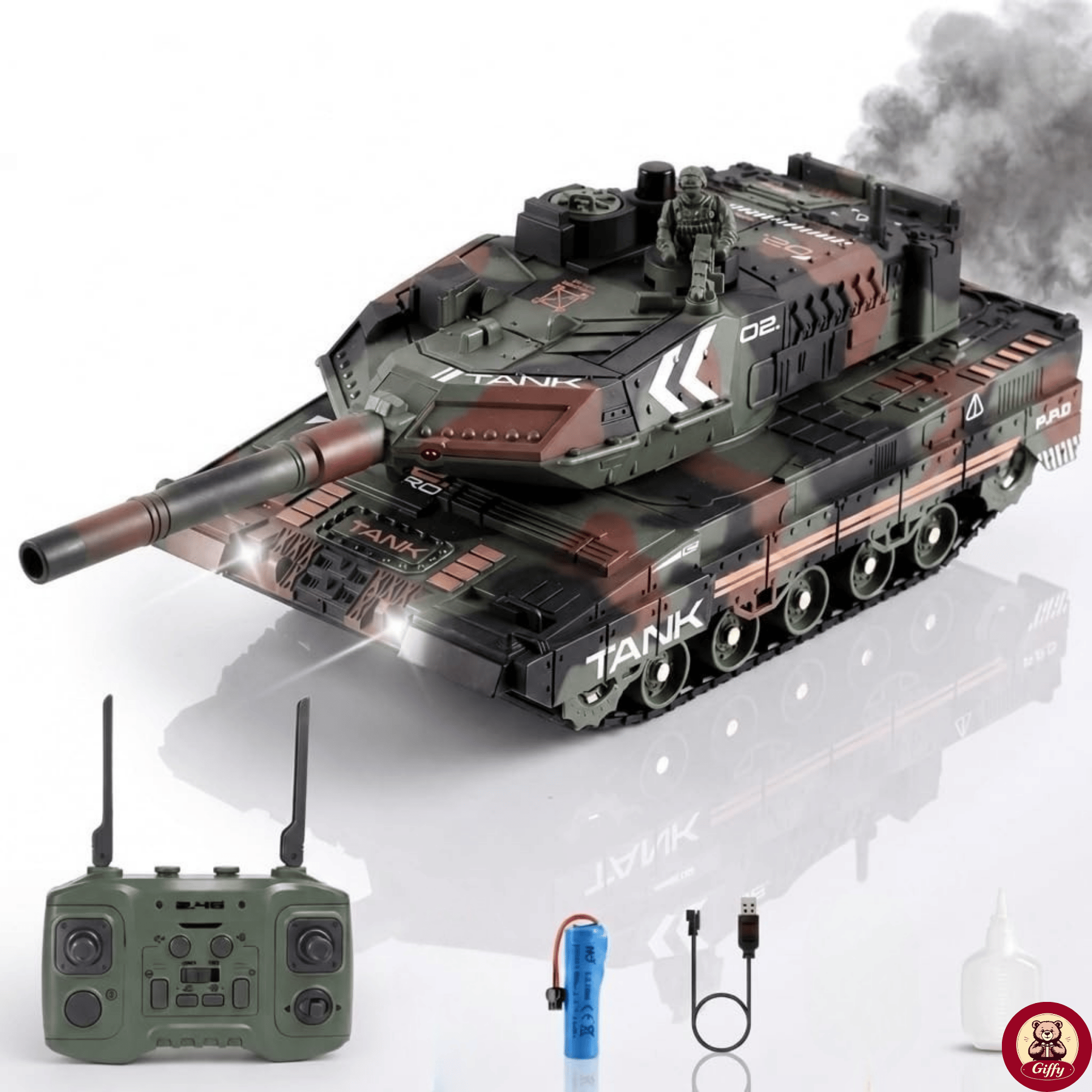 Oyuncak 2.4 Uzaktan Kumandalı Su Bombası Atan Tank Buharlı 1200 Şarjlı Sesli Gövdesi 360° Hareketli Gövde (Yeşil)