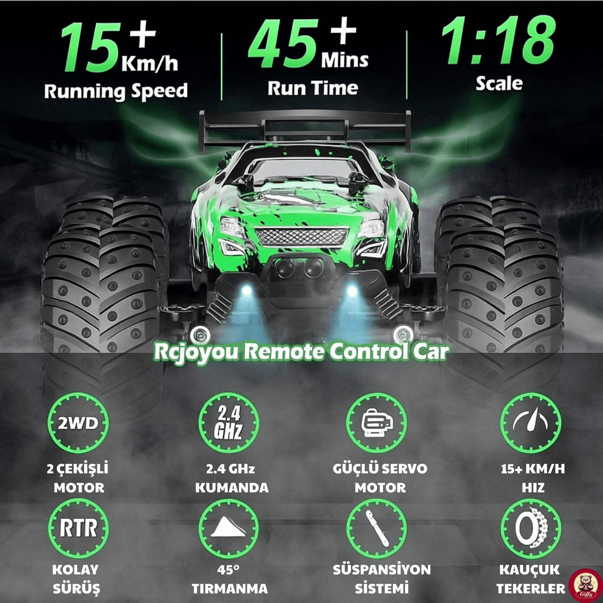 Oyuncak 2.4 GHz Uzaktan Kumandalı Şarjlı Led Işıklı Drift Atan 15 Km Hız Off Road 45 Dk Batarya (Yeşil)