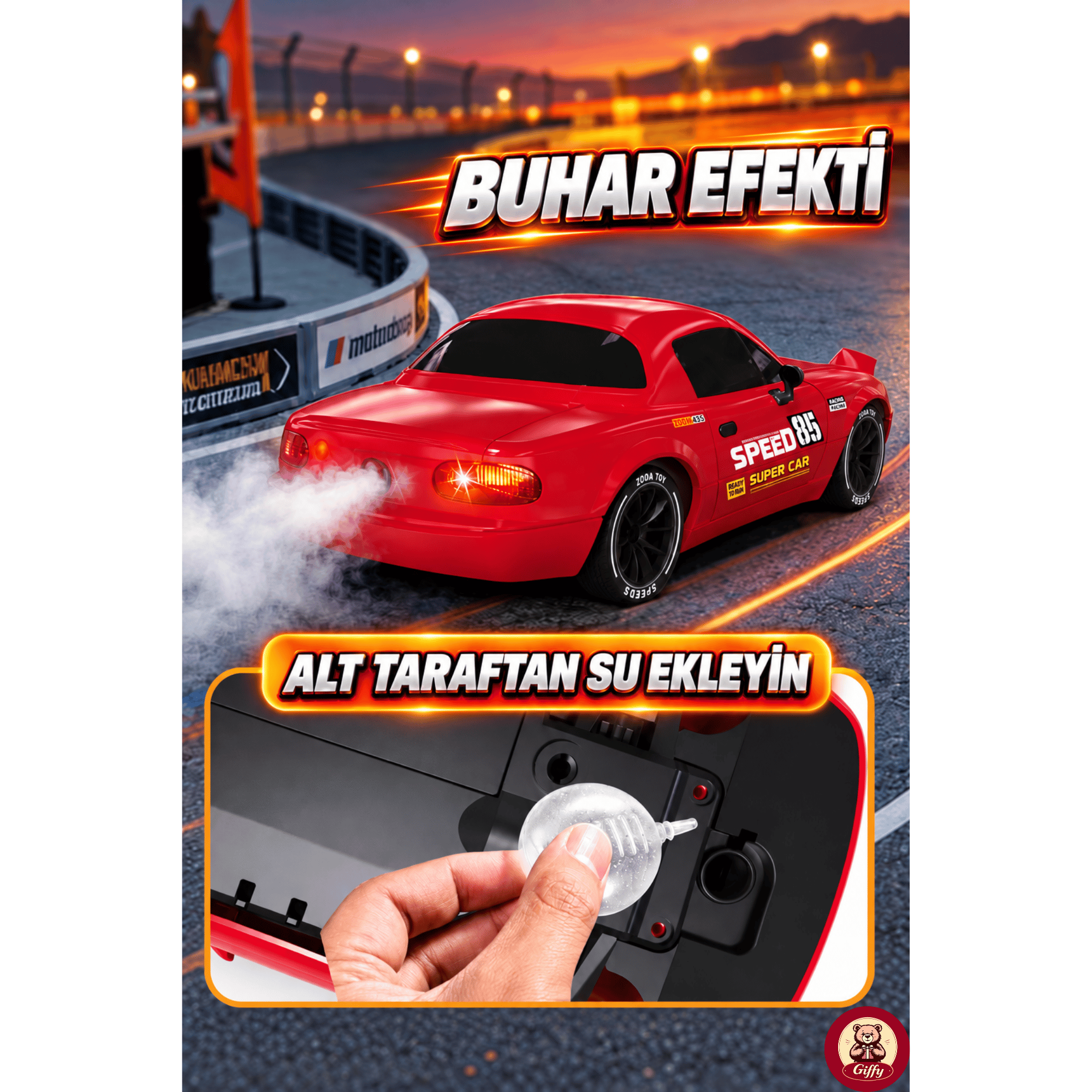 Oyuncak 2.4 GhZ Uzaktan Kumandalı 4x4 Drift RC Araba Açılır Kapanır Pop-Up Farlı Buhar Efektli Şarjlı LED Işıklı Hız Ayarlı Gaz Hassasiyetli Yarış Arabası (Kırmızı)