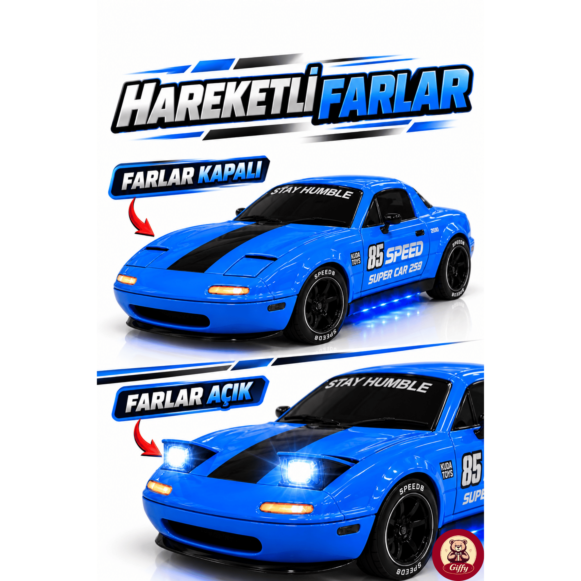 Oyuncak 2.4 GhZ Uzaktan Kumandalı 4x4 Drift RC Araba Açılır Kapanır Pop-Up Farlı Buhar Efektli Şarjlı LED Işıklı Hız Ayarlı Gaz Hassasiyetli Yarış Arabası (Mavi)