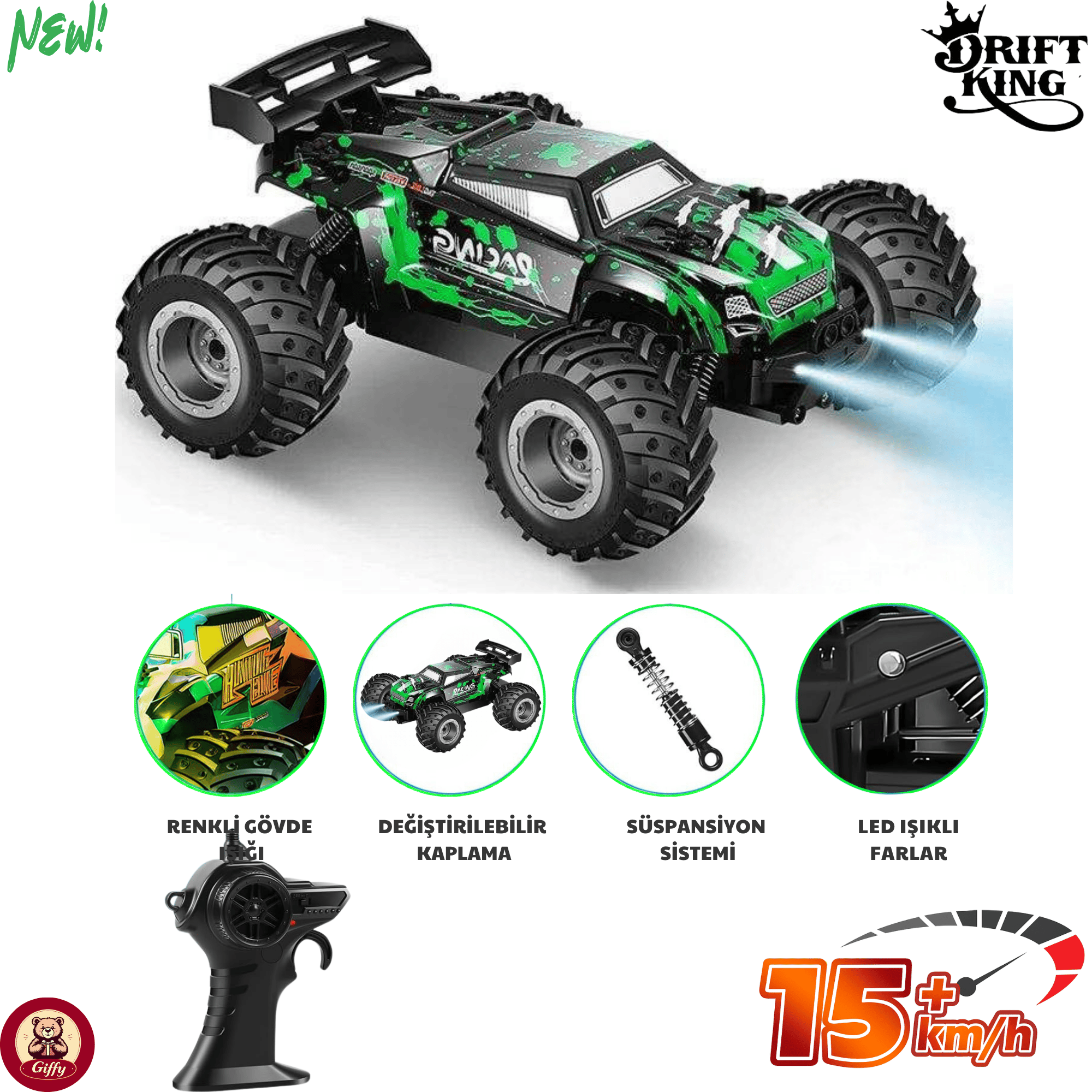 Oyuncak 2.4 GHz Uzaktan Kumandalı Şarjlı Led Işıklı Drift Atan 15 Km Hız Off Road 45 Dk Batarya (Yeşil)