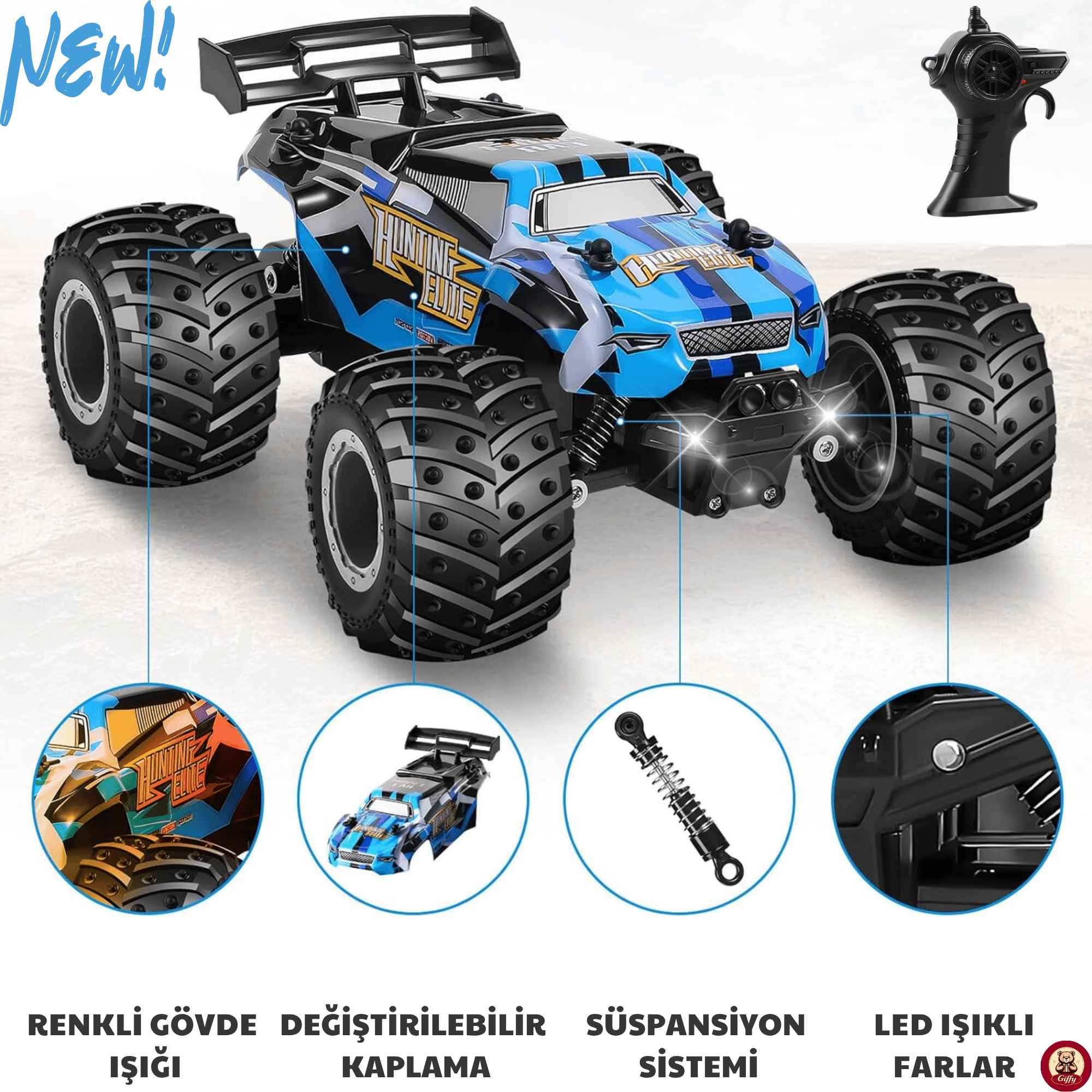 Oyuncak 2.4 GHz Uzaktan Kumandalı Şarjlı Led Işıklı Drift Atan 15 Km Hız Off Road 45 Dk Batarya (Mavi)