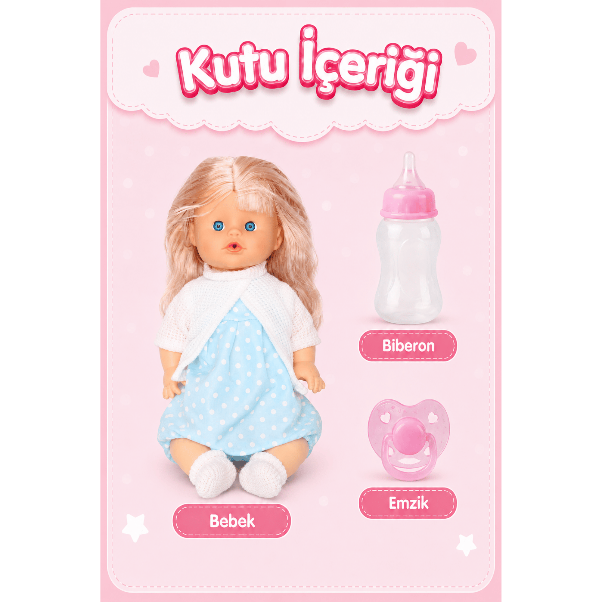 Oyuncak 30 Cm Sesli Altını Islatan Boncuk Bebek Biberonlu Emzikli 12 Farklı Sesli Pilli Bebek (Mavi-Beyaz)