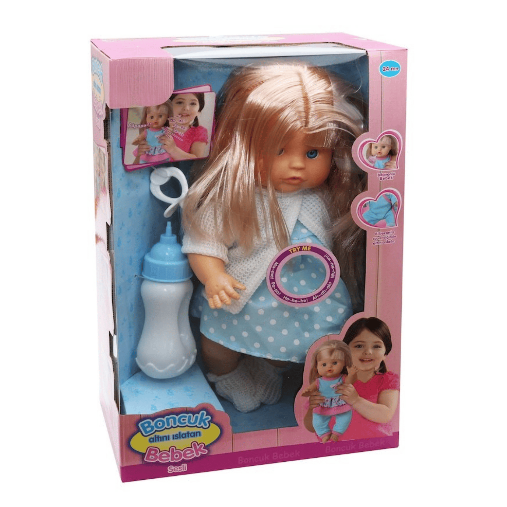 Oyuncak 30 Cm Sesli Altını Islatan Boncuk Bebek Biberonlu Emzikli 12 Farklı Sesli Pilli Bebek (Mavi-Beyaz)