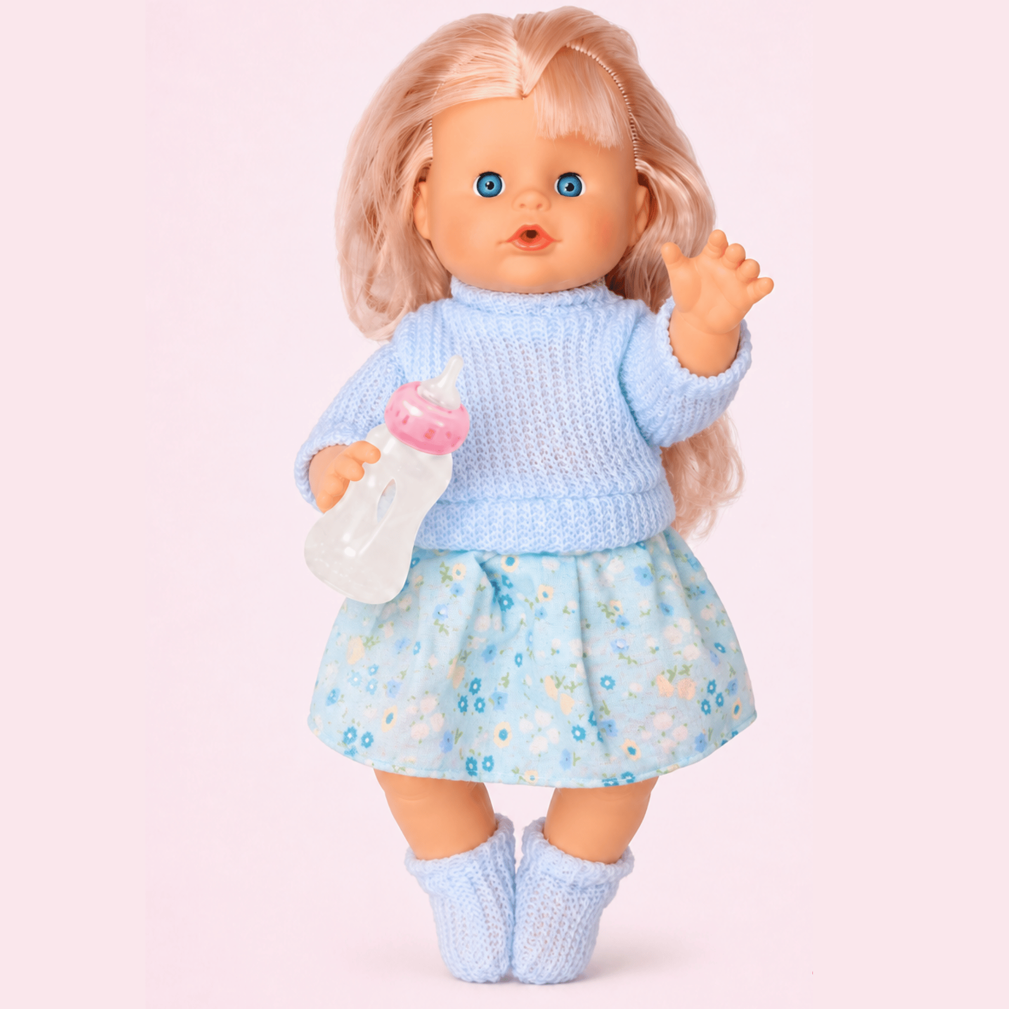 Oyuncak 30 Cm Sesli Altını Islatan Boncuk Bebek Biberonlu Emzikli 12 Farklı Sesli Pilli Bebek (Mavi)