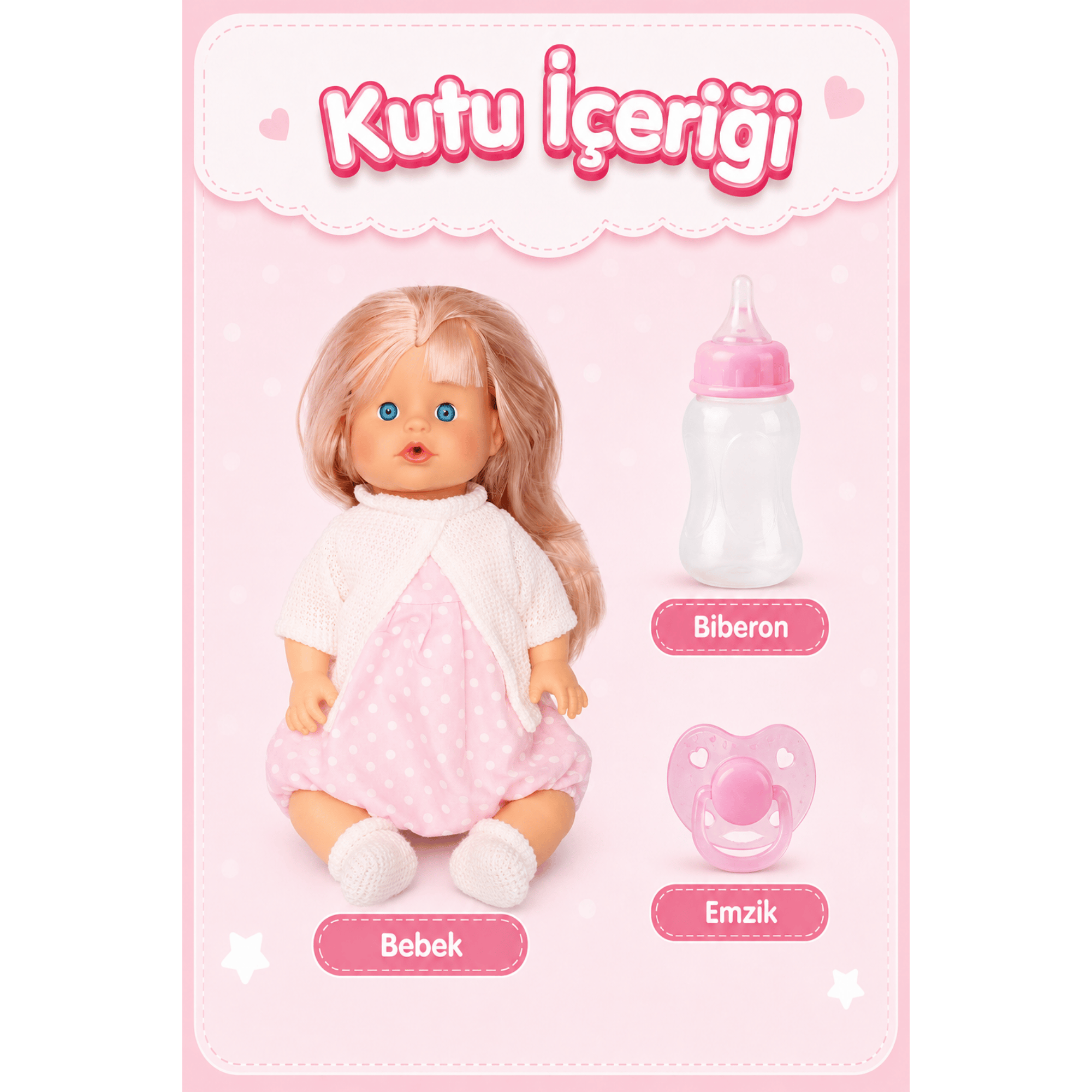 Oyuncak 30 Cm Sesli Altını Islatan Boncuk Bebek Biberonlu Emzikli 12 Farklı Sesli Pilli Bebek (Beyaz)