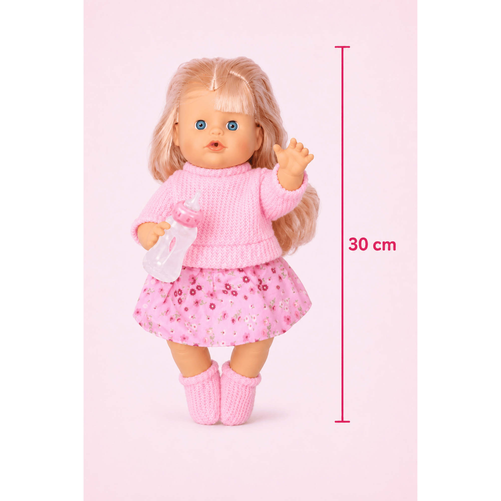 Oyuncak 30 Cm Sesli Altını Islatan Boncuk Bebek Biberonlu Emzikli 12 Farklı Sesli Pilli Bebek (Pembe)