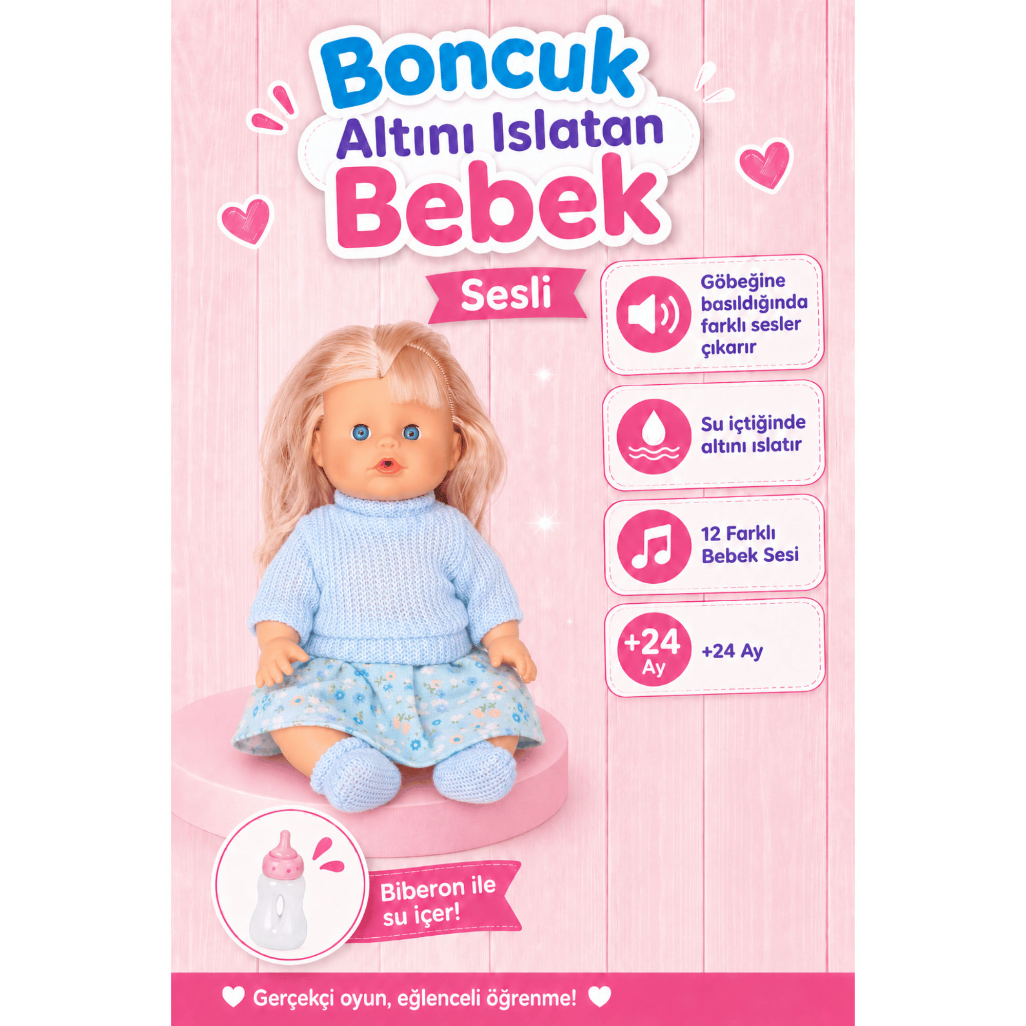 Oyuncak 30 Cm Sesli Altını Islatan Boncuk Bebek Biberonlu Emzikli 12 Farklı Sesli Pilli Bebek (Mavi)