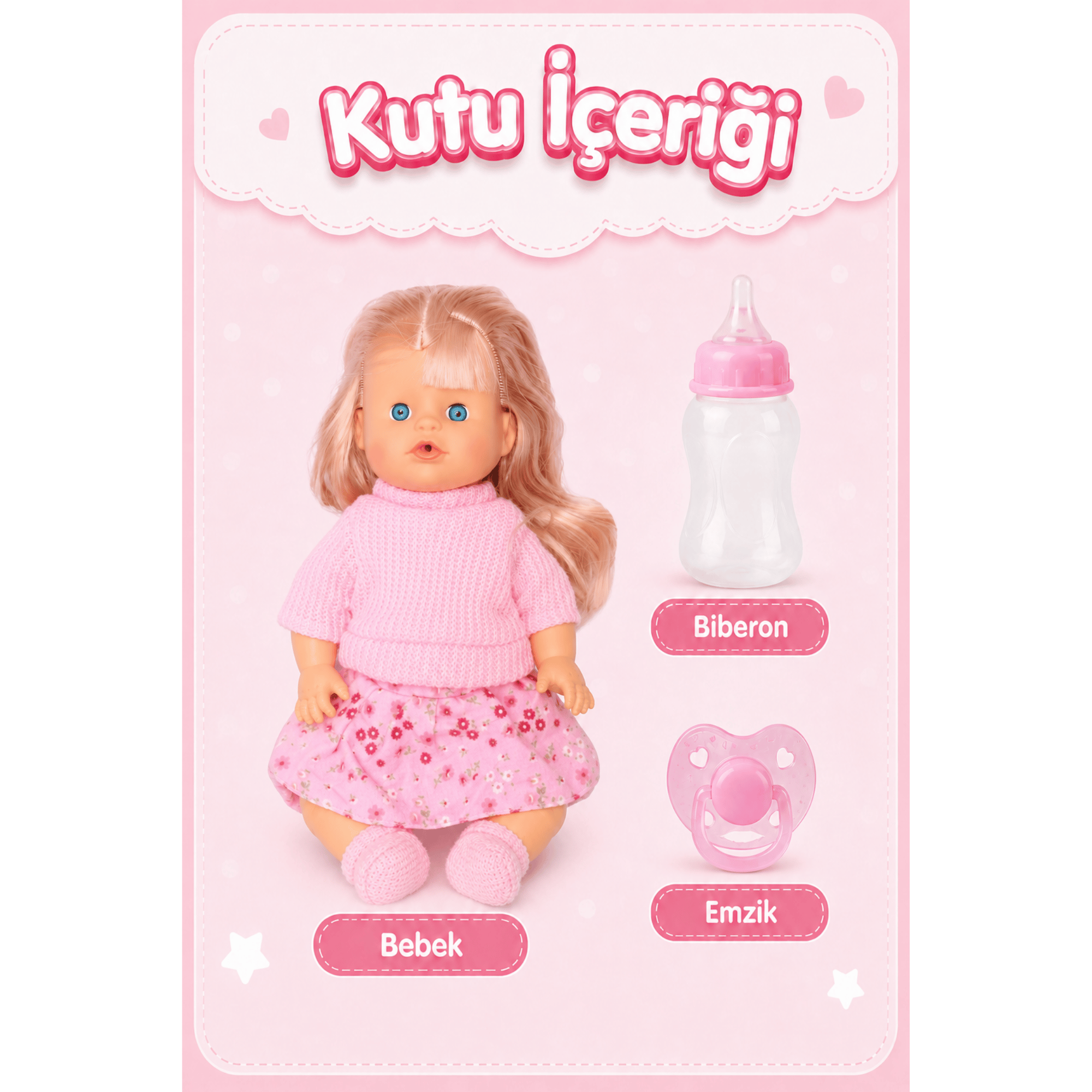 Oyuncak 30 Cm Sesli Altını Islatan Boncuk Bebek Biberonlu Emzikli 12 Farklı Sesli Pilli Bebek (Pembe)