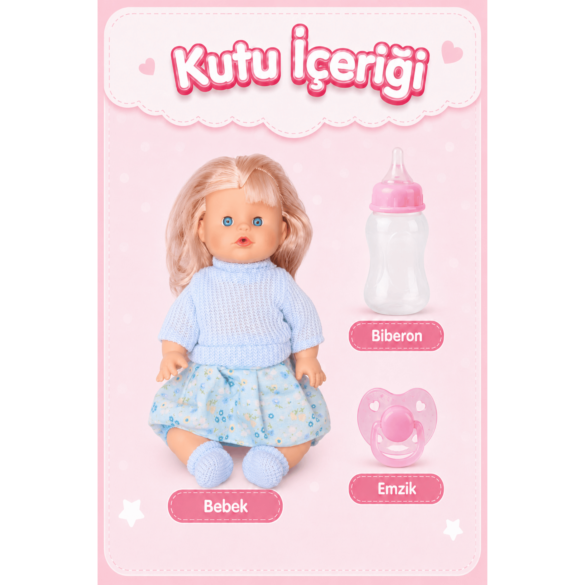 Oyuncak 30 Cm Sesli Altını Islatan Boncuk Bebek Biberonlu Emzikli 12 Farklı Sesli Pilli Bebek (Mavi)