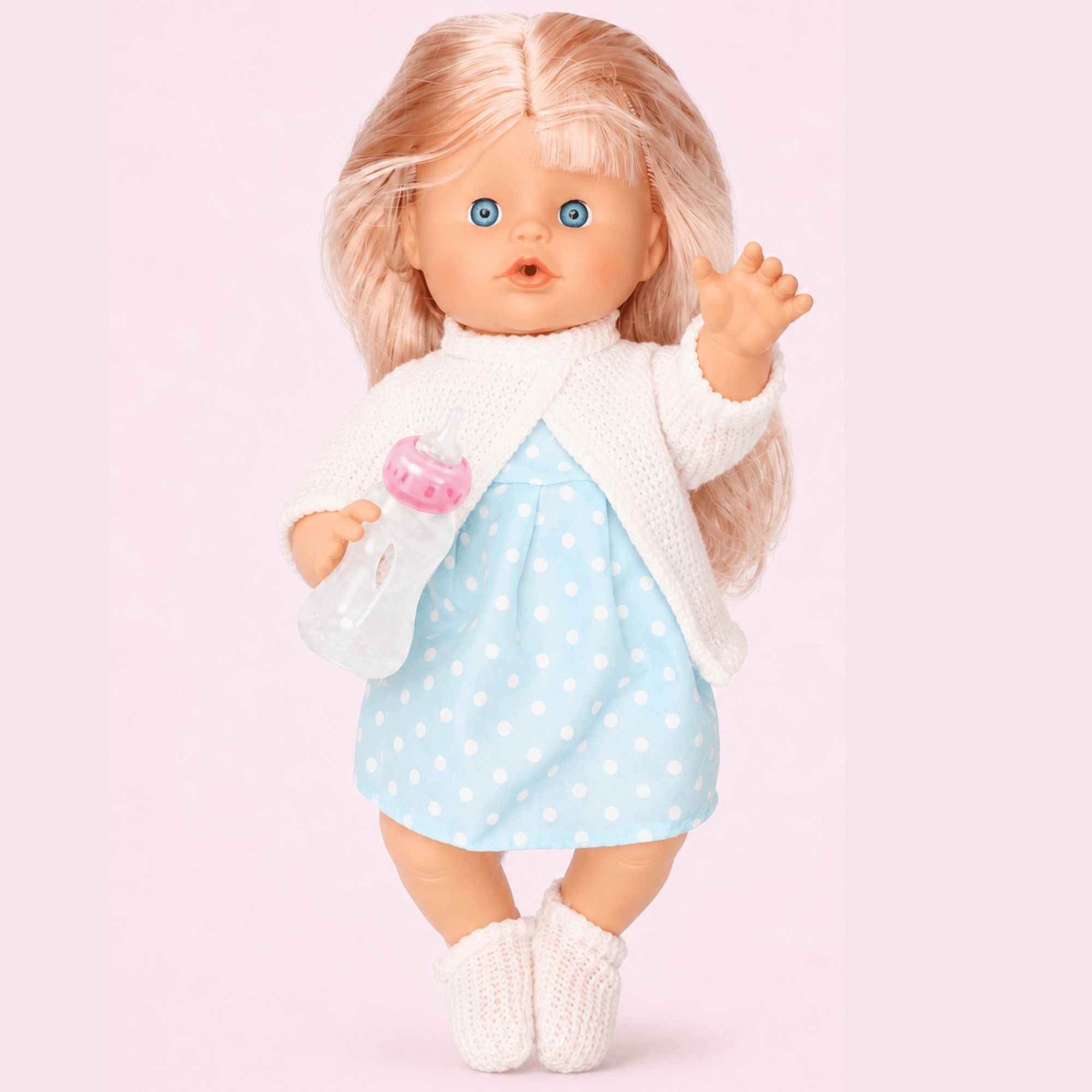 Oyuncak 30 Cm Sesli Altını Islatan Boncuk Bebek Biberonlu Emzikli 12 Farklı Sesli Pilli Bebek (Mavi-Beyaz)