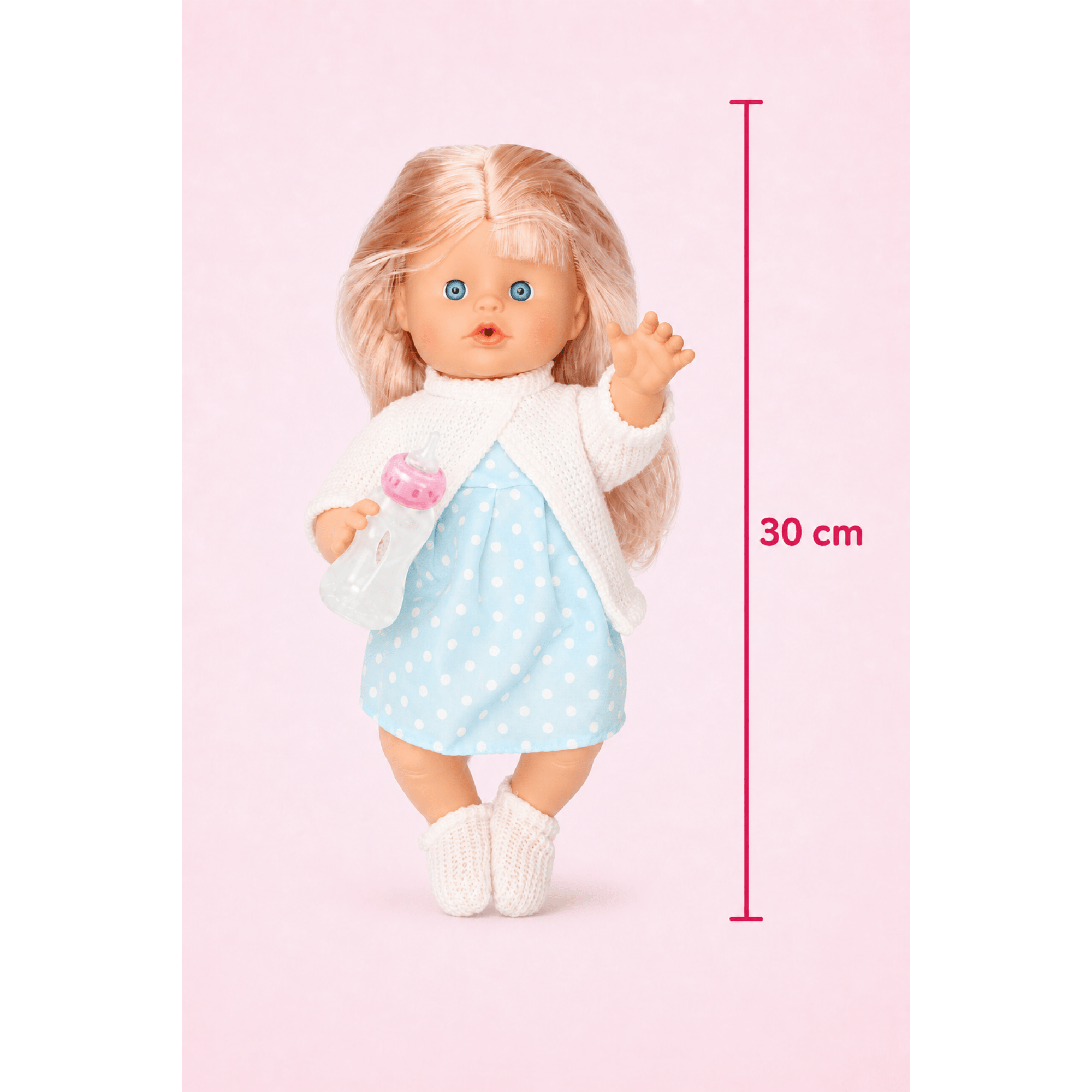 Oyuncak 30 Cm Sesli Altını Islatan Boncuk Bebek Biberonlu Emzikli 12 Farklı Sesli Pilli Bebek (Mavi-Beyaz)