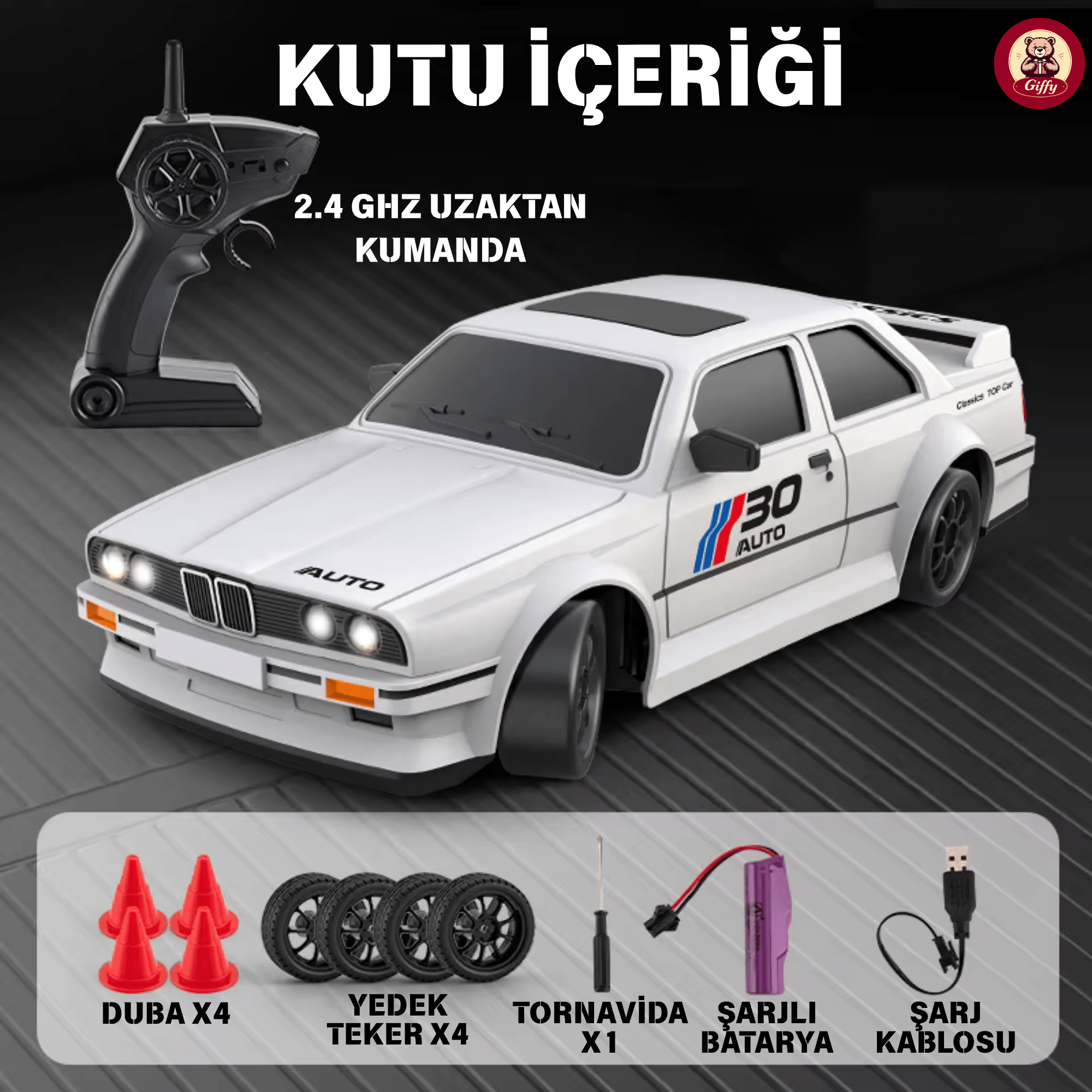 Oyuncak BMW E30 Drift Araba 4x4 Uzaktan Kumandalı Araba 2.4GHz Şarjlı LED Işıklı 15 Km Hız Araba Beyaz