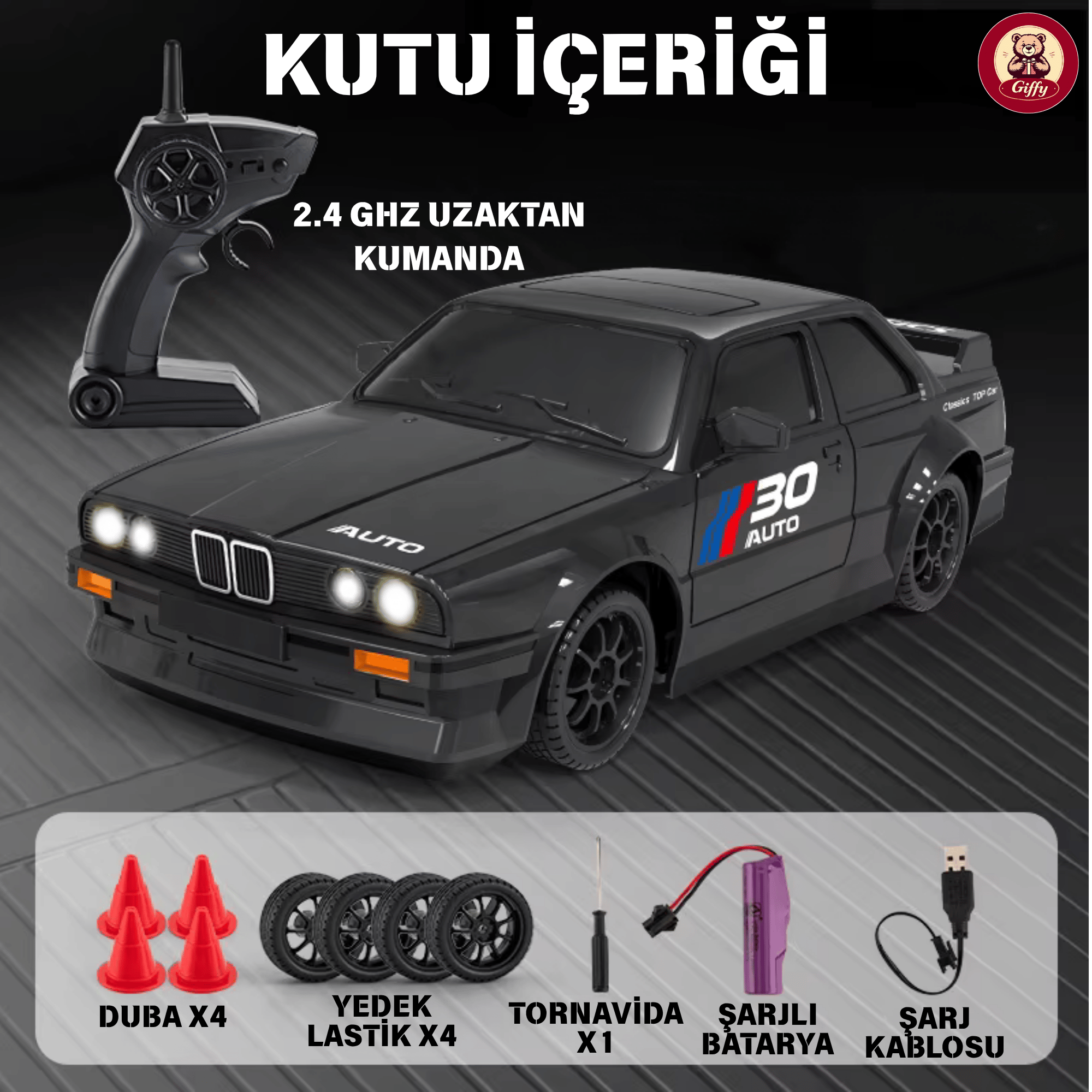 Oyuncak BMW E30 Drift Araba 4x4 Uzaktan Kumandalı Araba 2.4GHz Şarjlı LED Işıklı 15 Km Hız Araba
