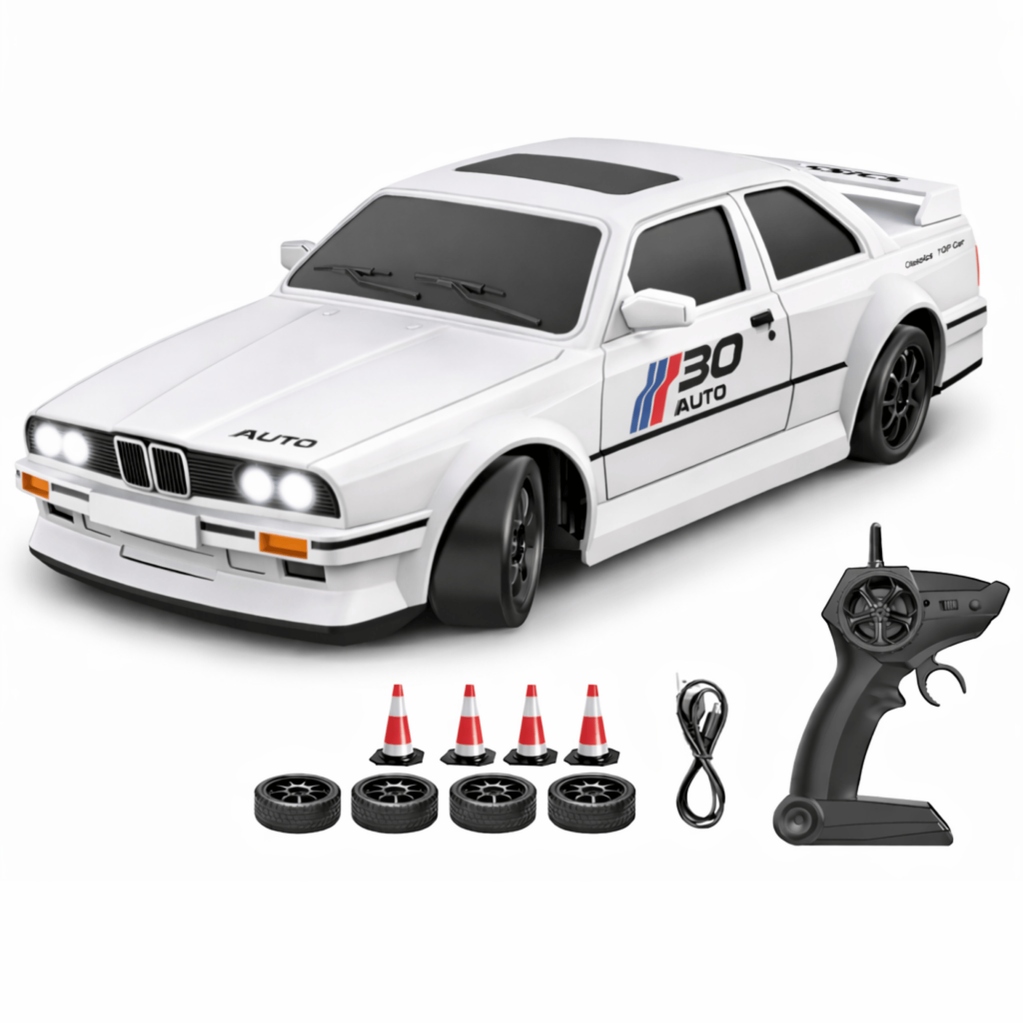 Oyuncak BMW E30 Drift Araba 4x4 Uzaktan Kumandalı Araba 2.4GHz Şarjlı LED Işıklı 15 Km Hız Araba Beyaz