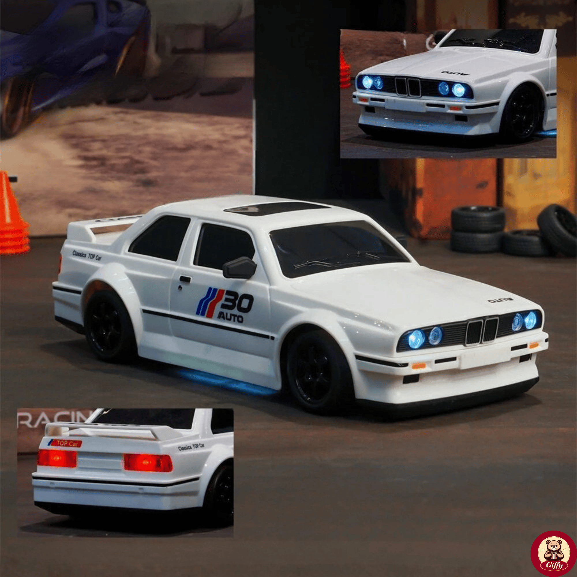 Oyuncak BMW E30 Drift Araba 4x4 Uzaktan Kumandalı Araba 2.4GHz Şarjlı LED Işıklı 15 Km Hız Araba Beyaz