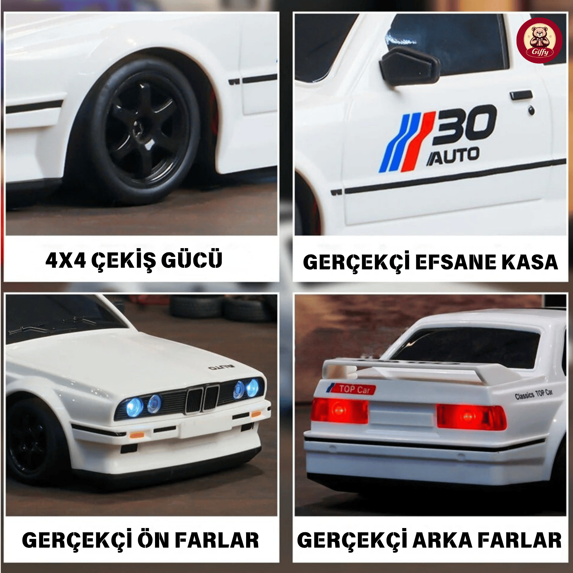 Oyuncak BMW E30 Drift Araba 4x4 Uzaktan Kumandalı Araba 2.4GHz Şarjlı LED Işıklı 15 Km Hız Araba Beyaz