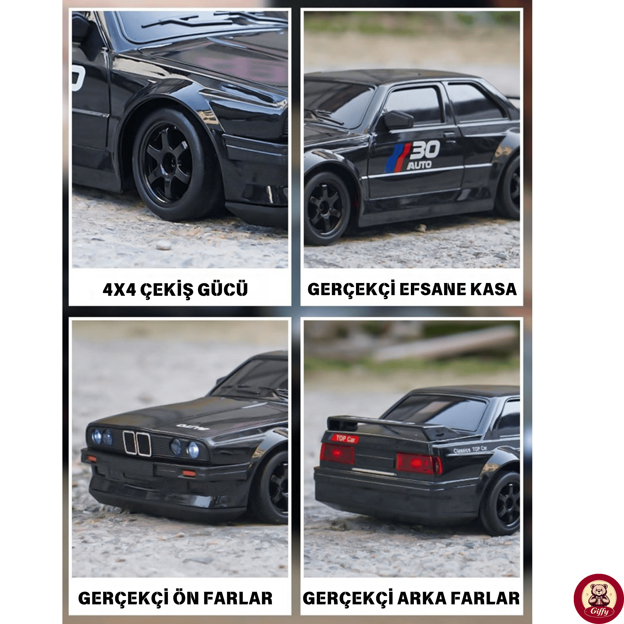 Oyuncak BMW E30 Drift Araba 4x4 Uzaktan Kumandalı Araba 2.4GHz Şarjlı LED Işıklı 15 Km Hız Araba