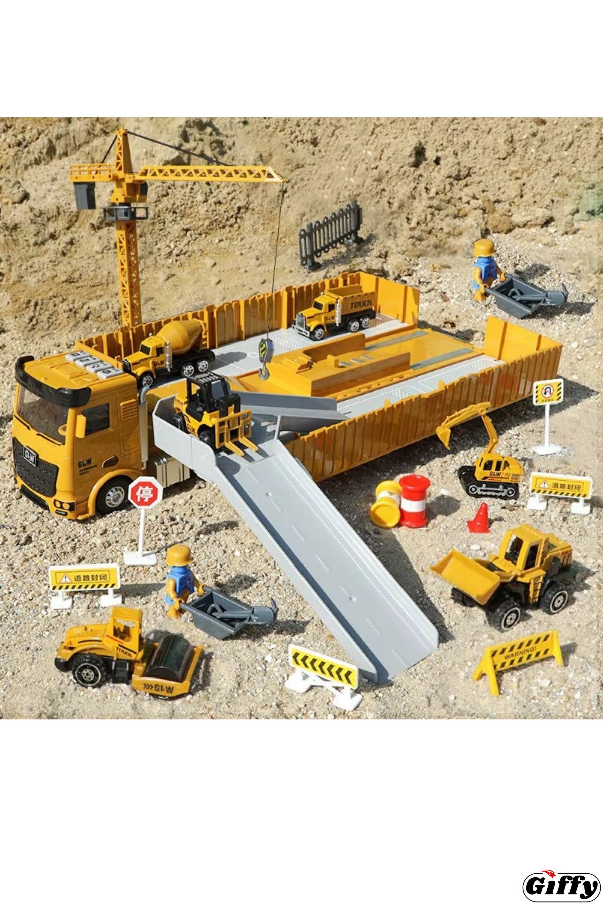 Oyuncak Çocuklar İçin 64 Parça İnşaat Şantiye Seti Sesli Işıklı Açılır Mini İş Makineli Aksesuarlı